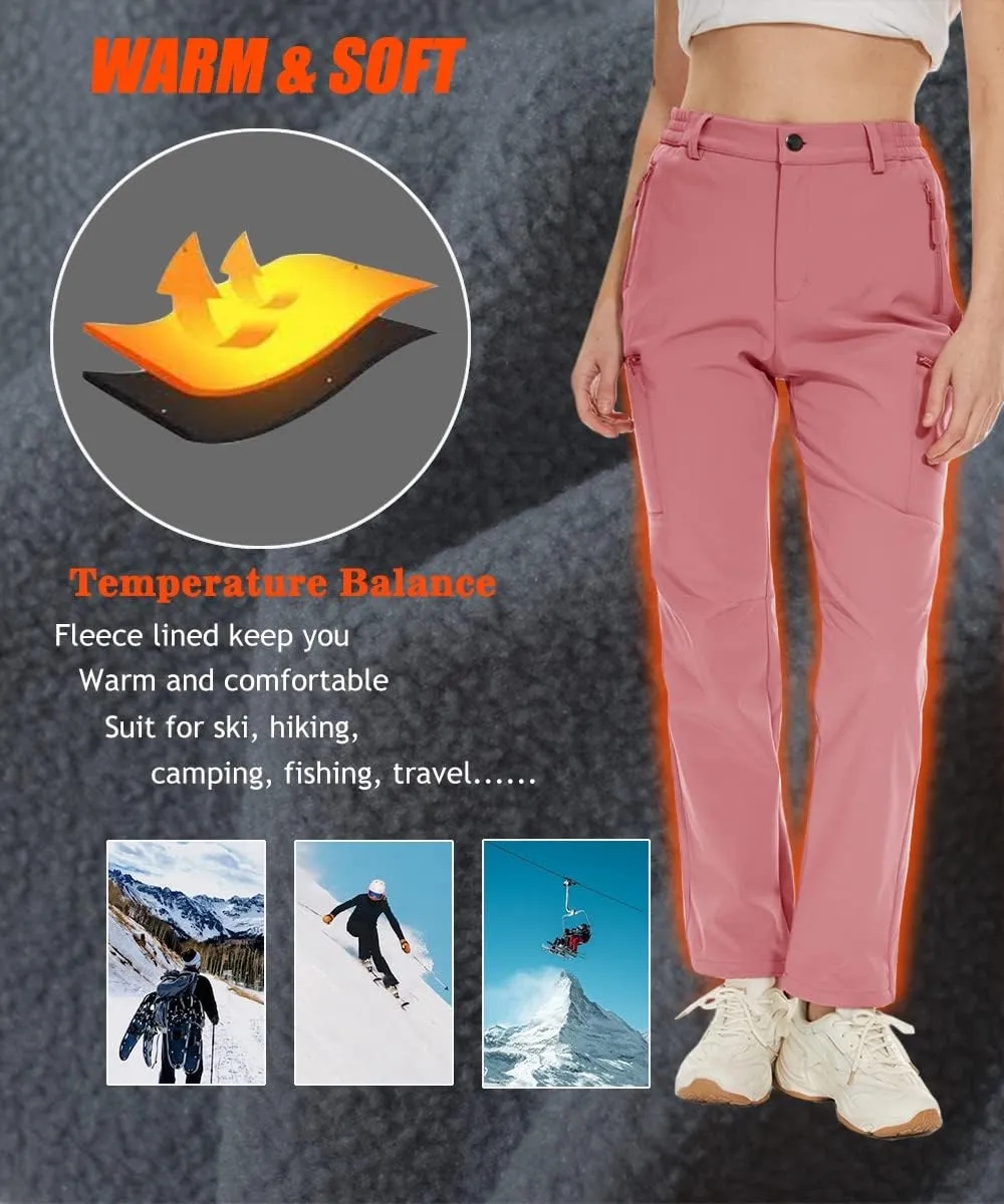 MAGCOMSEN Women's Fleece Lined Hiking Pants Waterproof Insulated Outdoor Snow Ski Pants Warm Winter Softshell Pants