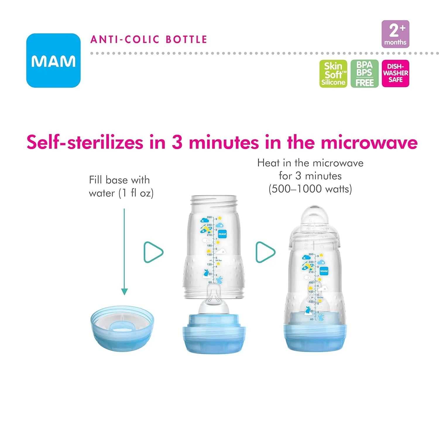 MAM Easy Start Anti-Colic Bottle 5 oz (3-Count), Baby Essentials, Slow Flow Bottles with Silicone Nipple, Baby Bottles for Baby Girl, Pink