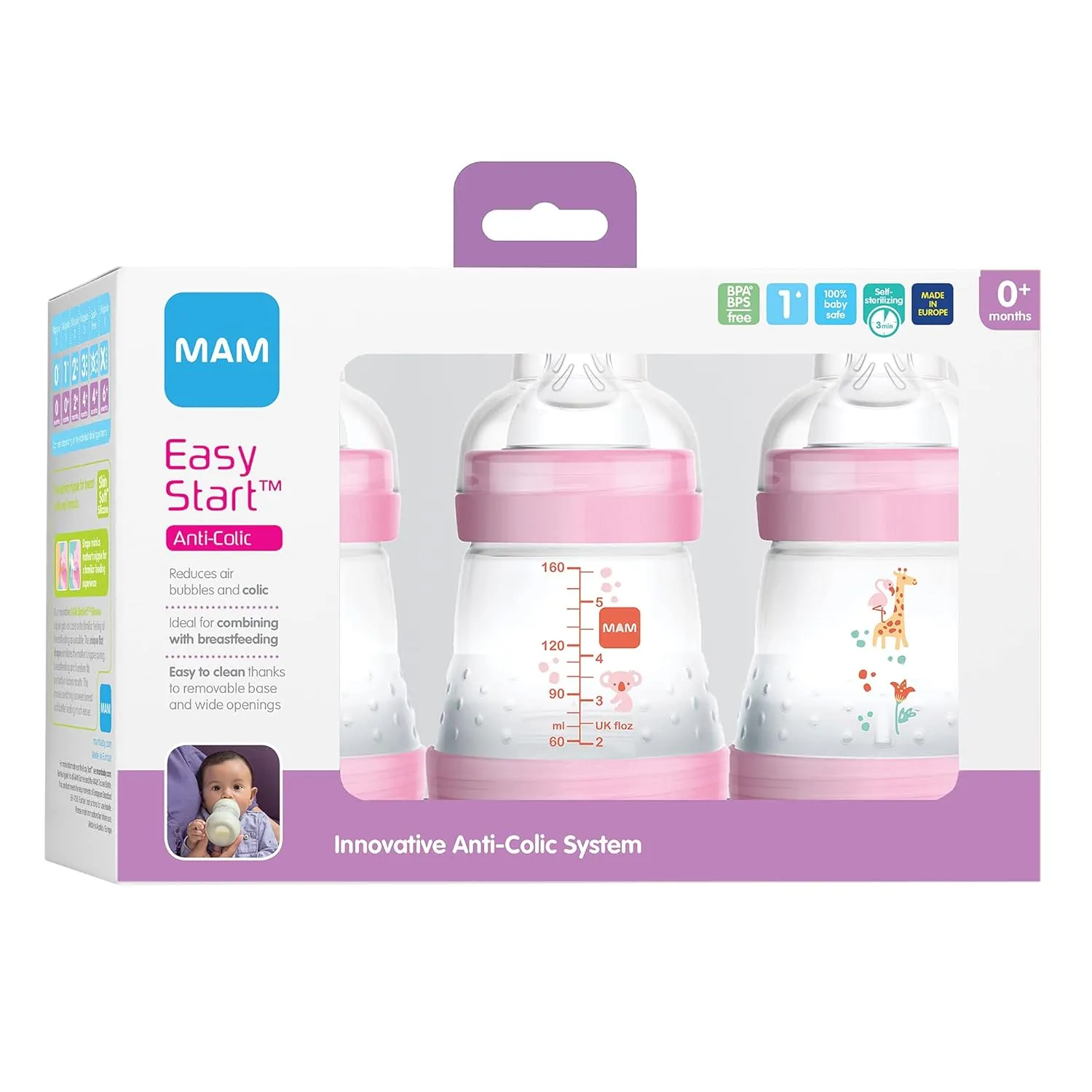 MAM Easy Start Anti-Colic Bottle 5 oz (3-Count), Baby Essentials, Slow Flow Bottles with Silicone Nipple, Baby Bottles for Baby Girl, Pink