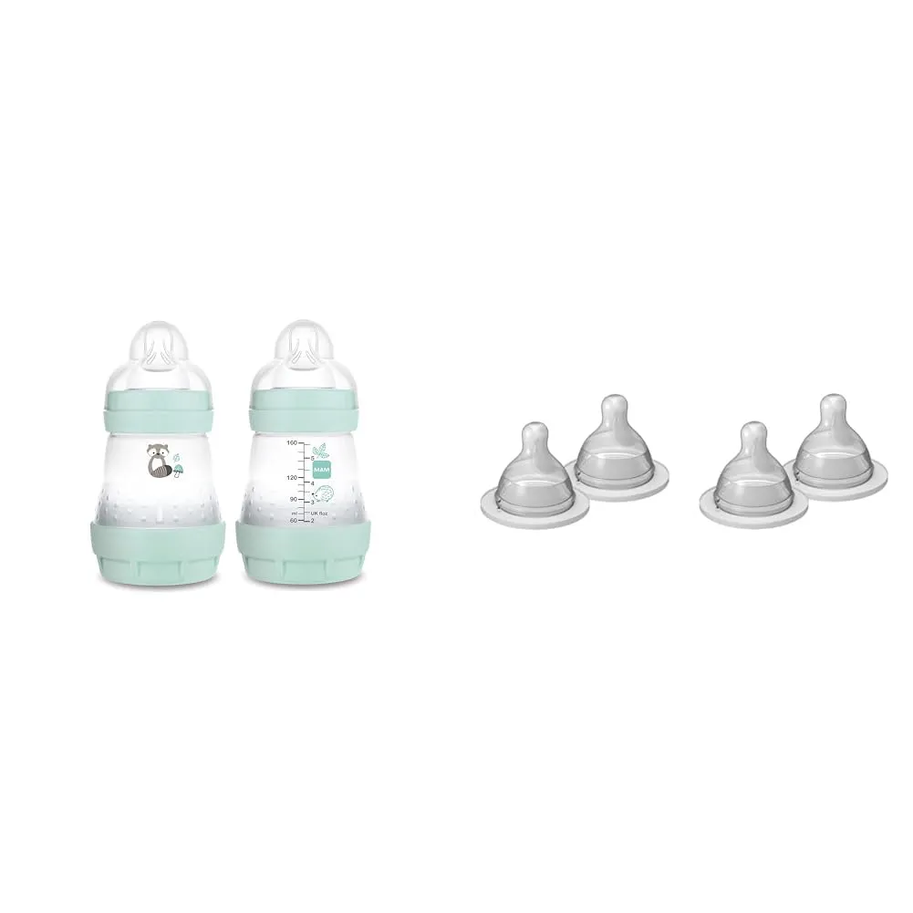 MAM Easy Start Matte Anti-Colic Baby Bottles, 5oz (2 Count), Slow Flow Nipples, Baby Boy & Bottle Nipples Extra Slow Flow Nipple Size 0, for Newborn Babies and Older