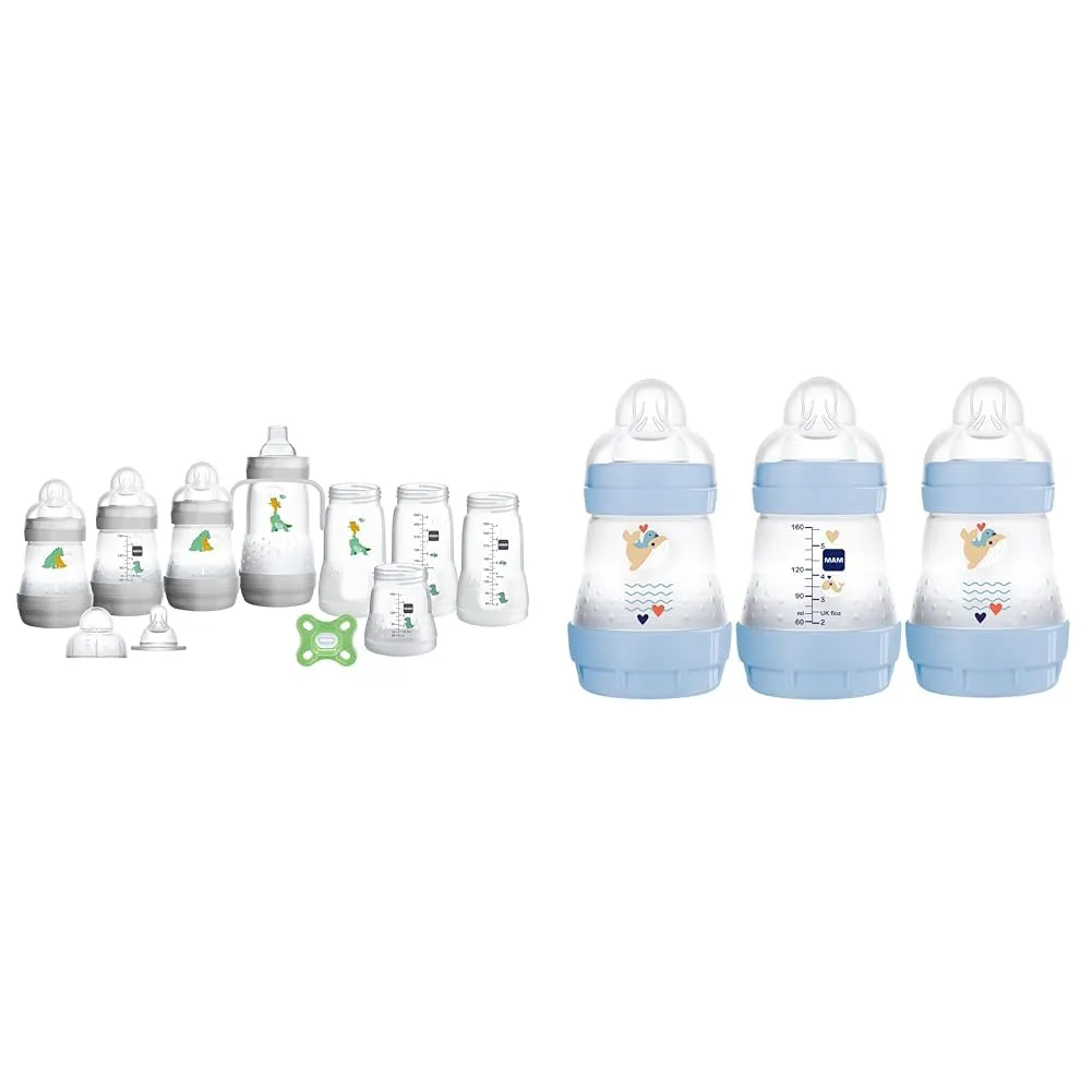 MAM Grow with Baby 15-Piece Gift Set, Newborn 0-4 Months, Anti-Colic Bottles & Easy Start Anti Colic Baby Bottle, Easy Switch Between Breast and Bottle, Reduces Air Bubbles, 3 Pack, Newborn, Boy