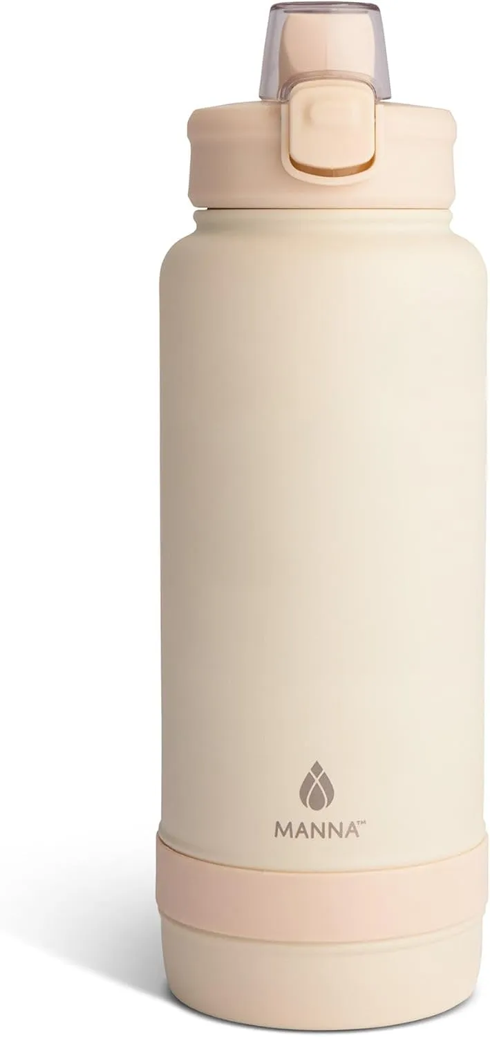 Manna Push Stainless Steel Bottle with Push-open Locking Lid and Sipping Spout - 40 Oz - Vanilla Powder Coat