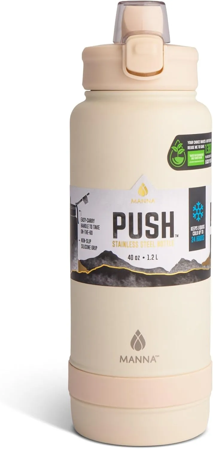 Manna Push Stainless Steel Bottle with Push-open Locking Lid and Sipping Spout - 40 Oz - Vanilla Powder Coat