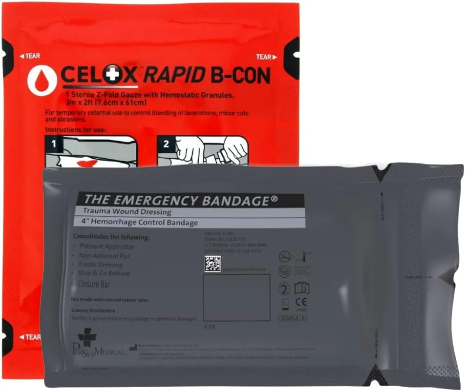 MARCH The Emergency Bandage and CELOX Rapid B-Con Z-Fold Gauze with Hemostatic Granules