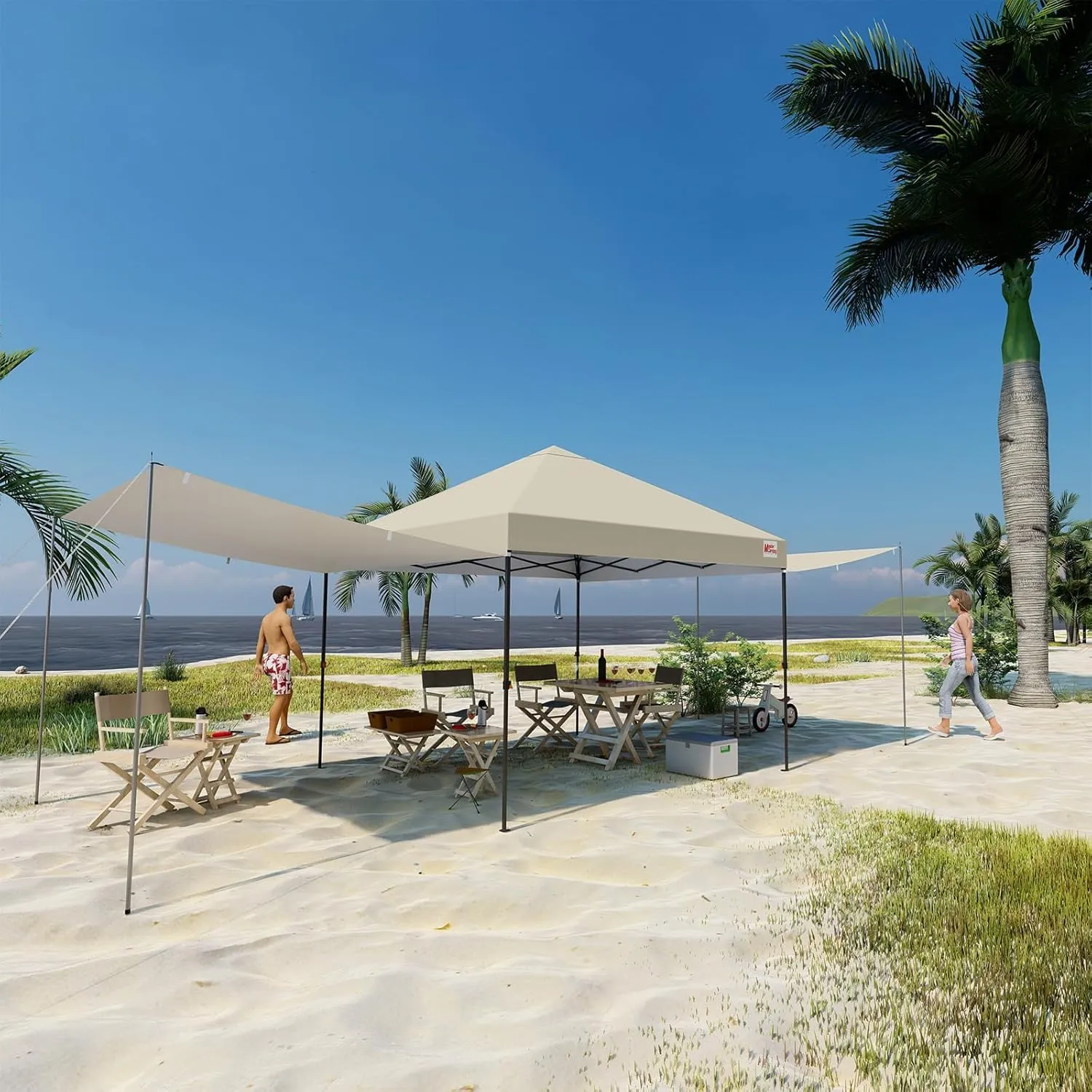 MASTERCANOPY Pop Up 10x10 Canopy Tent with Center Lock, 2 Shelters, 4 Poles, 230 Sq ft of Large Shade Space, for Camping, Picnics & Beach (Beige)