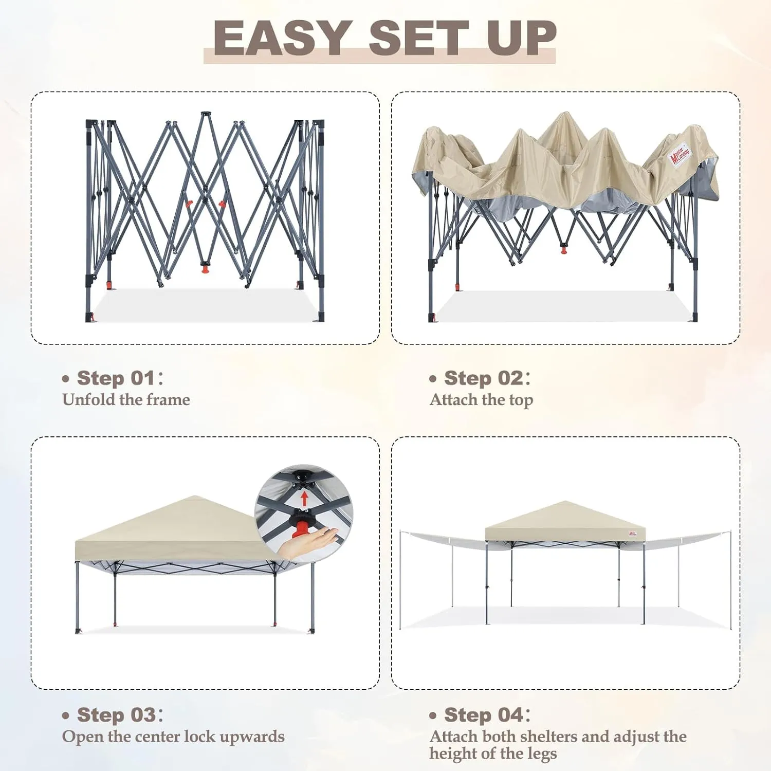 MASTERCANOPY Pop Up 10x10 Canopy Tent with Center Lock, 2 Shelters, 4 Poles, 230 Sq ft of Large Shade Space, for Camping, Picnics & Beach (Beige)