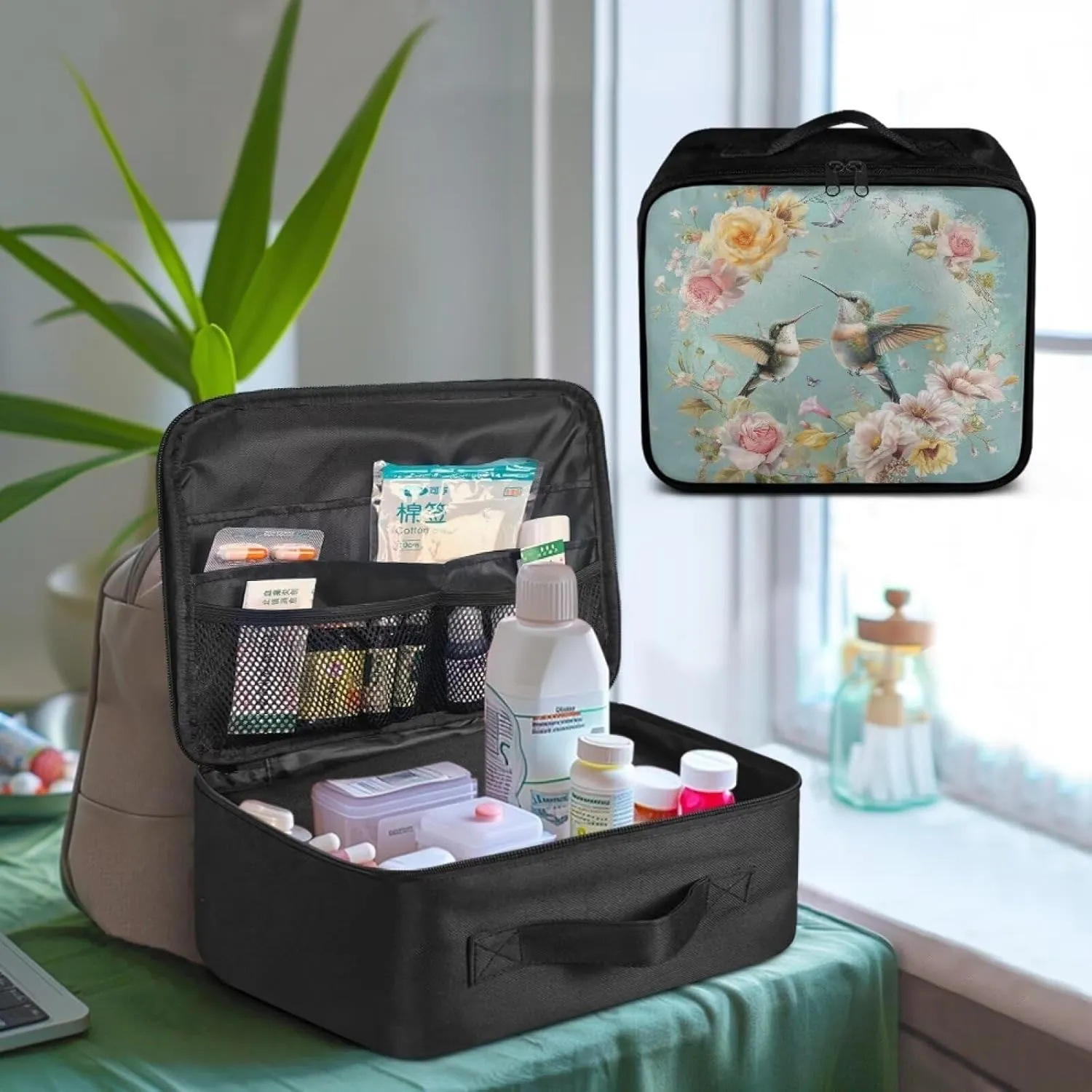 Medium Size First Aid Bag Empty Hummingbird Travel First Aid Kit Pouch Floral Medical Storage Bag Portable Emergency Survival Pouch Bag for Dorm Camping Hiking Home Travel