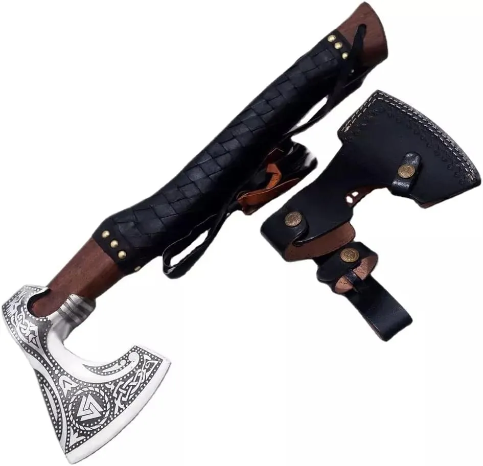 Medival Huntsman Bearded Hatches Custom Hand Made High Carbon Steel Tomahawk Viking Axe with Stylish Leather Wraping Handle