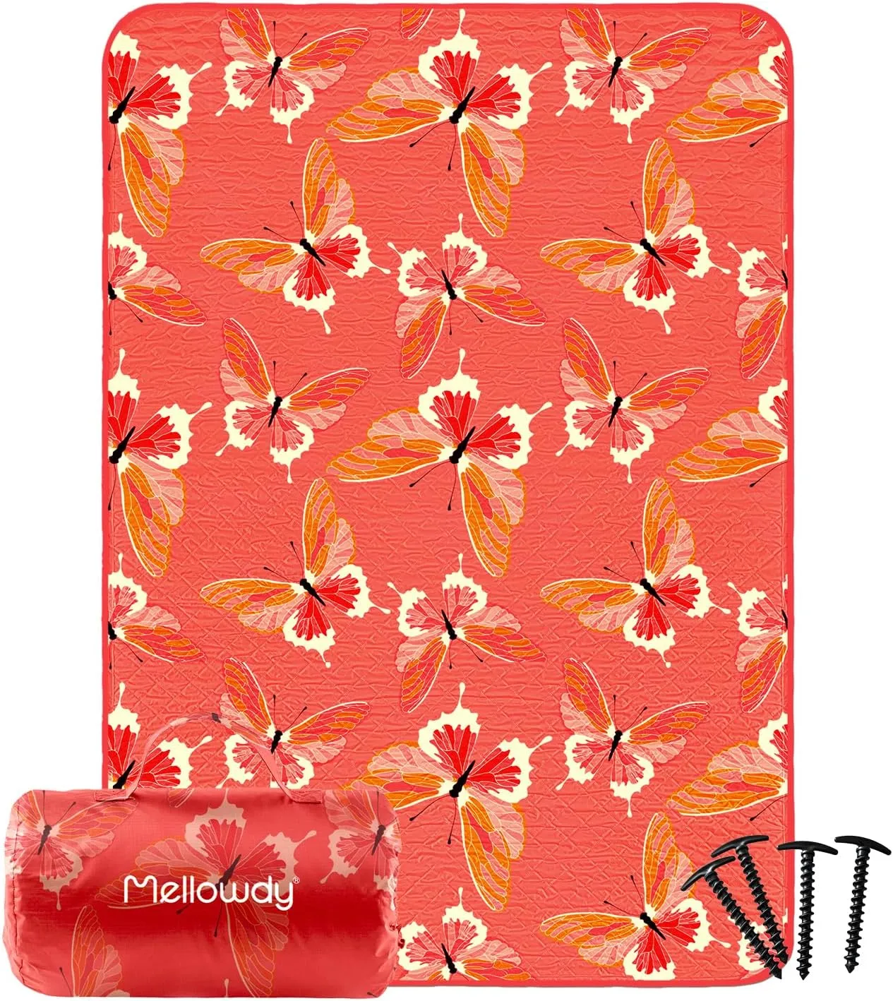 Mellowdy Companion Outdoor Printing Blanket - Waterproof, Wind-Resistant, Warm, Utility Blanket for Camping, Picnic, Stadium, Beach, Gameday, Travel, Foldable with Carrying Bag（Red Butterfly,55x80）