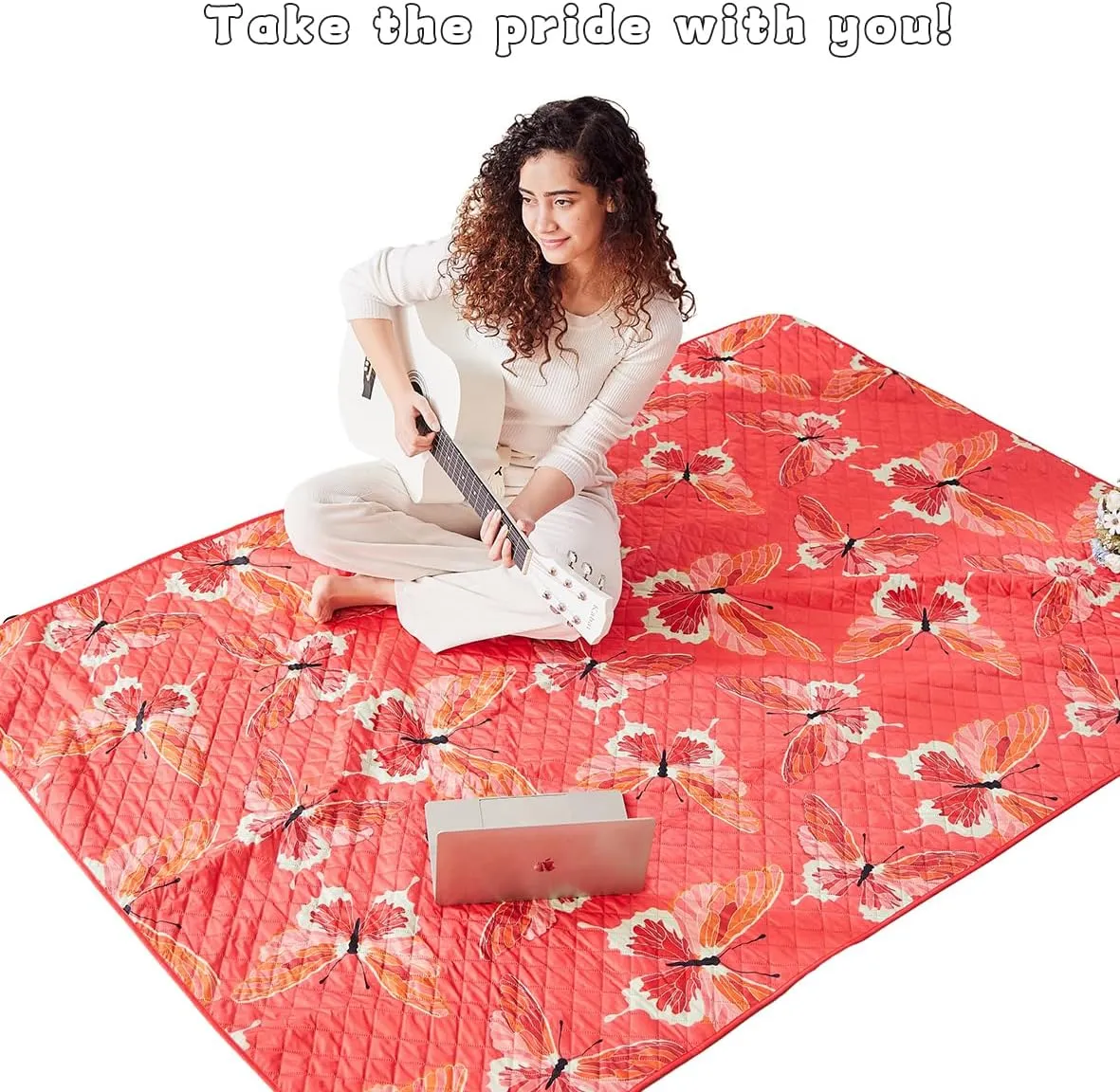 Mellowdy Companion Outdoor Printing Blanket - Waterproof, Wind-Resistant, Warm, Utility Blanket for Camping, Picnic, Stadium, Beach, Gameday, Travel, Foldable with Carrying Bag（Red Butterfly,55x80）