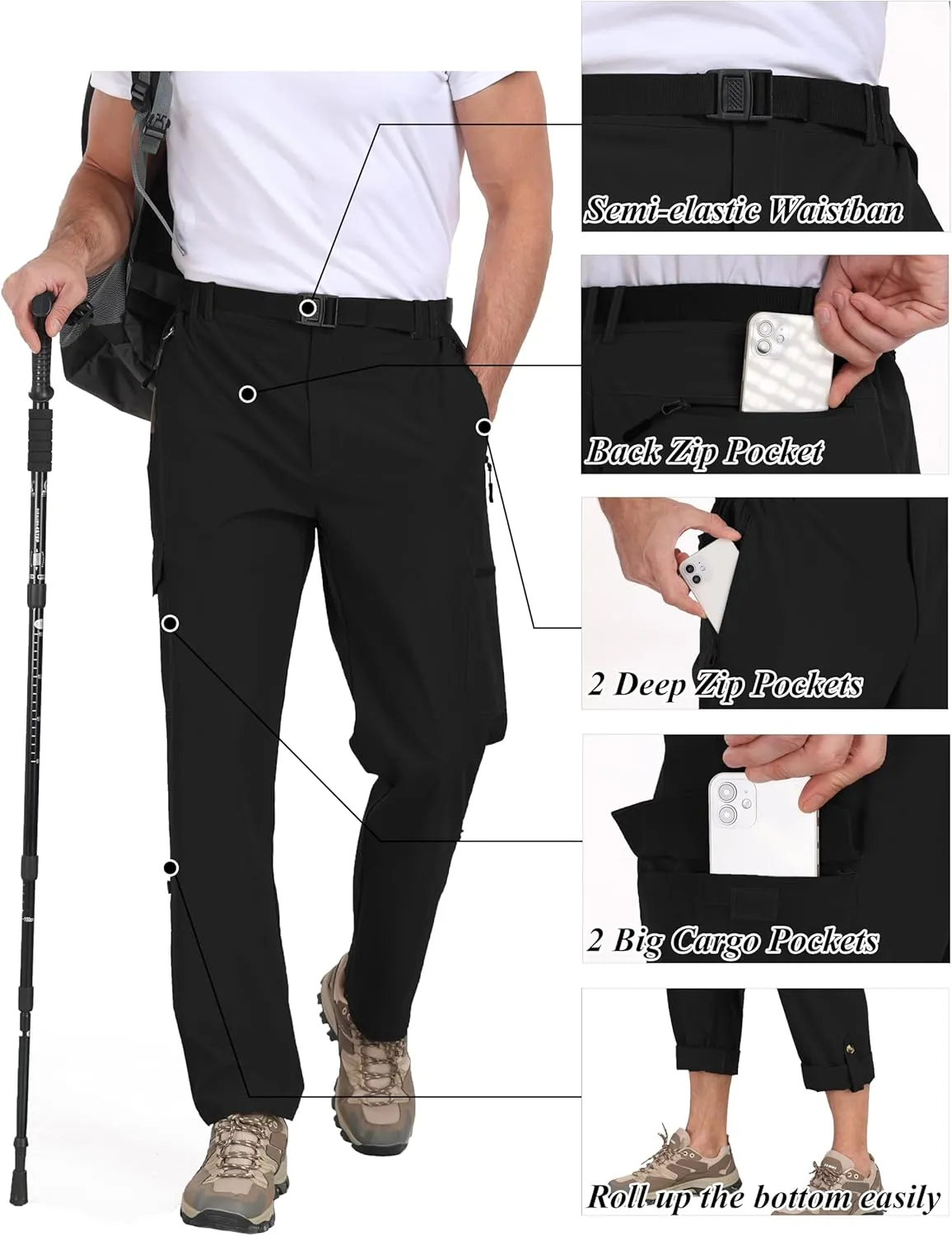 Men's Hiking Cargo Pants Lightweight Tactical Pants Waterproof Travel Work Outdoor Pants with Belt Multi Pockets