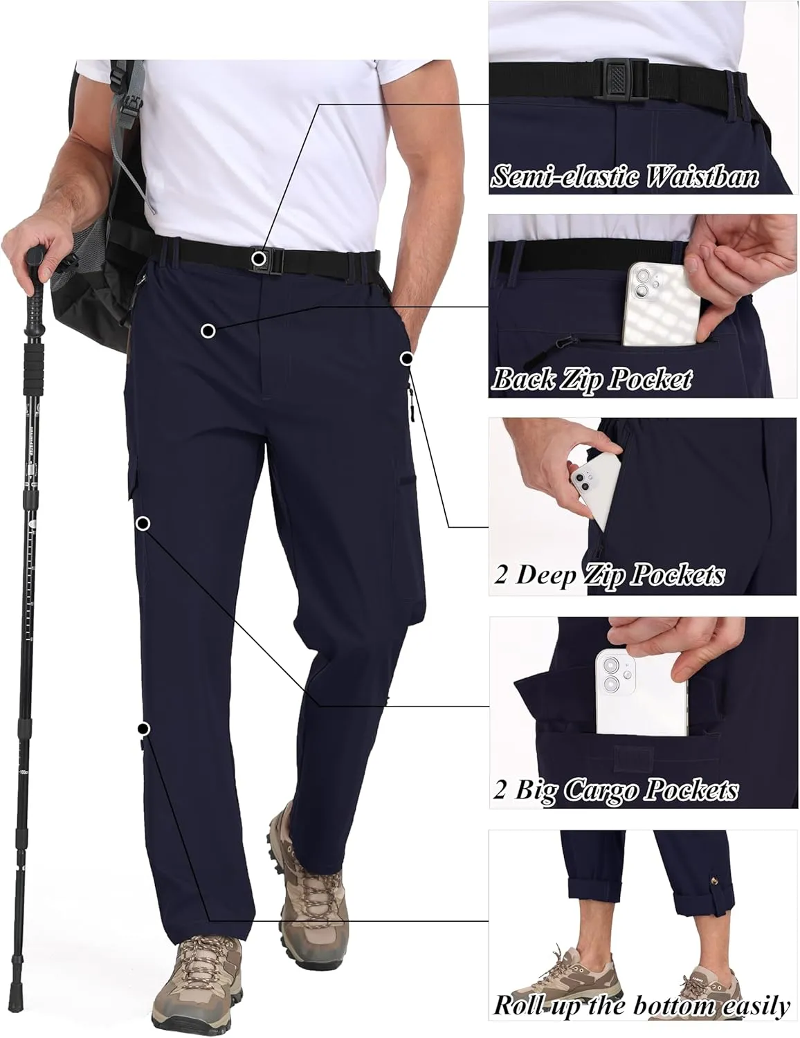 Men's Hiking Cargo Pants Lightweight Tactical Pants Waterproof Travel Work Outdoor Pants with Belt Multi Pockets