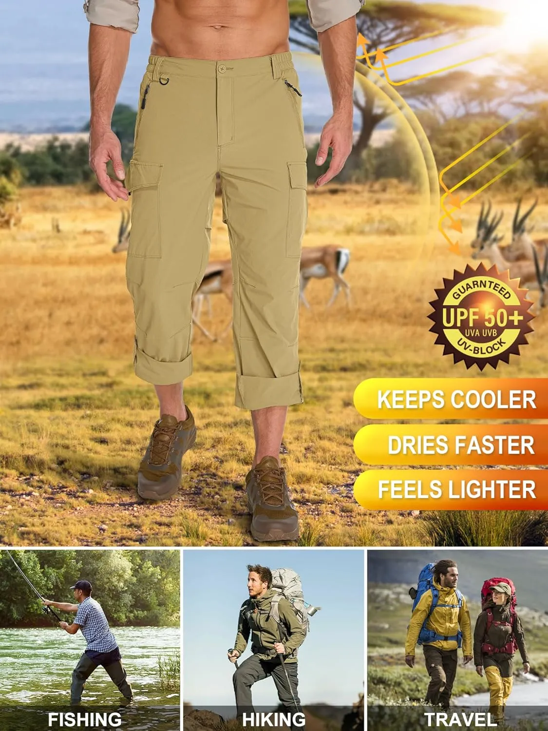 Mens Hiking Pants Convertible Lightweight Quick Dry Fishing Safari Camping Travel boy Scout Pants