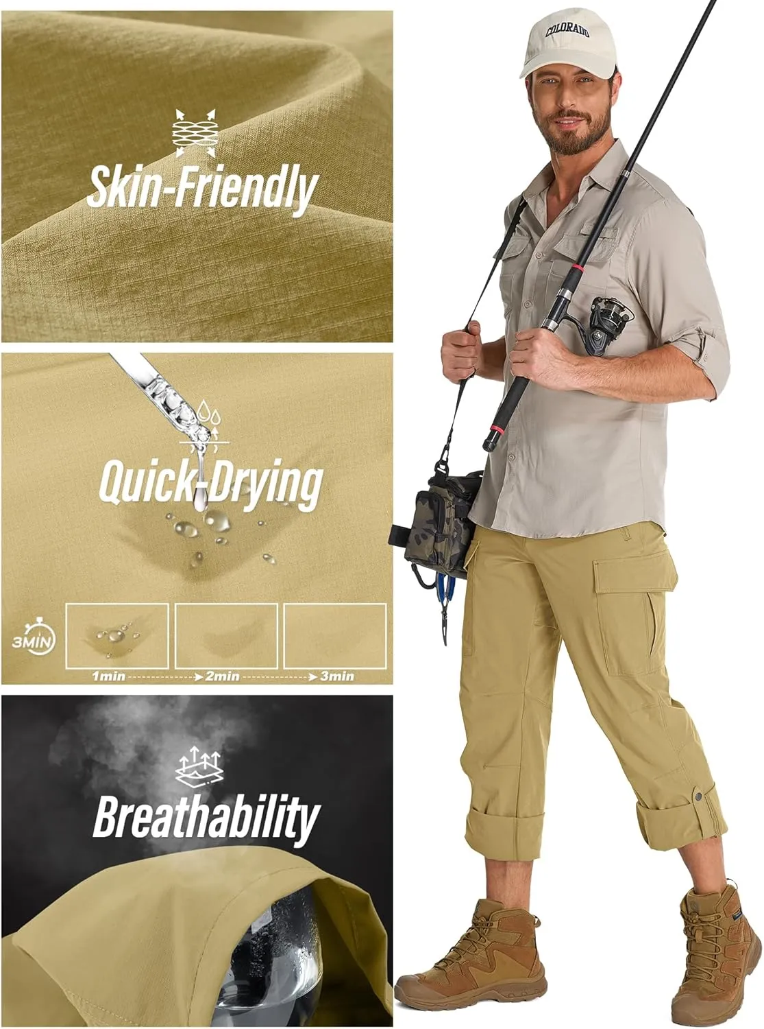 Mens Hiking Pants Convertible Lightweight Quick Dry Fishing Safari Camping Travel boy Scout Pants