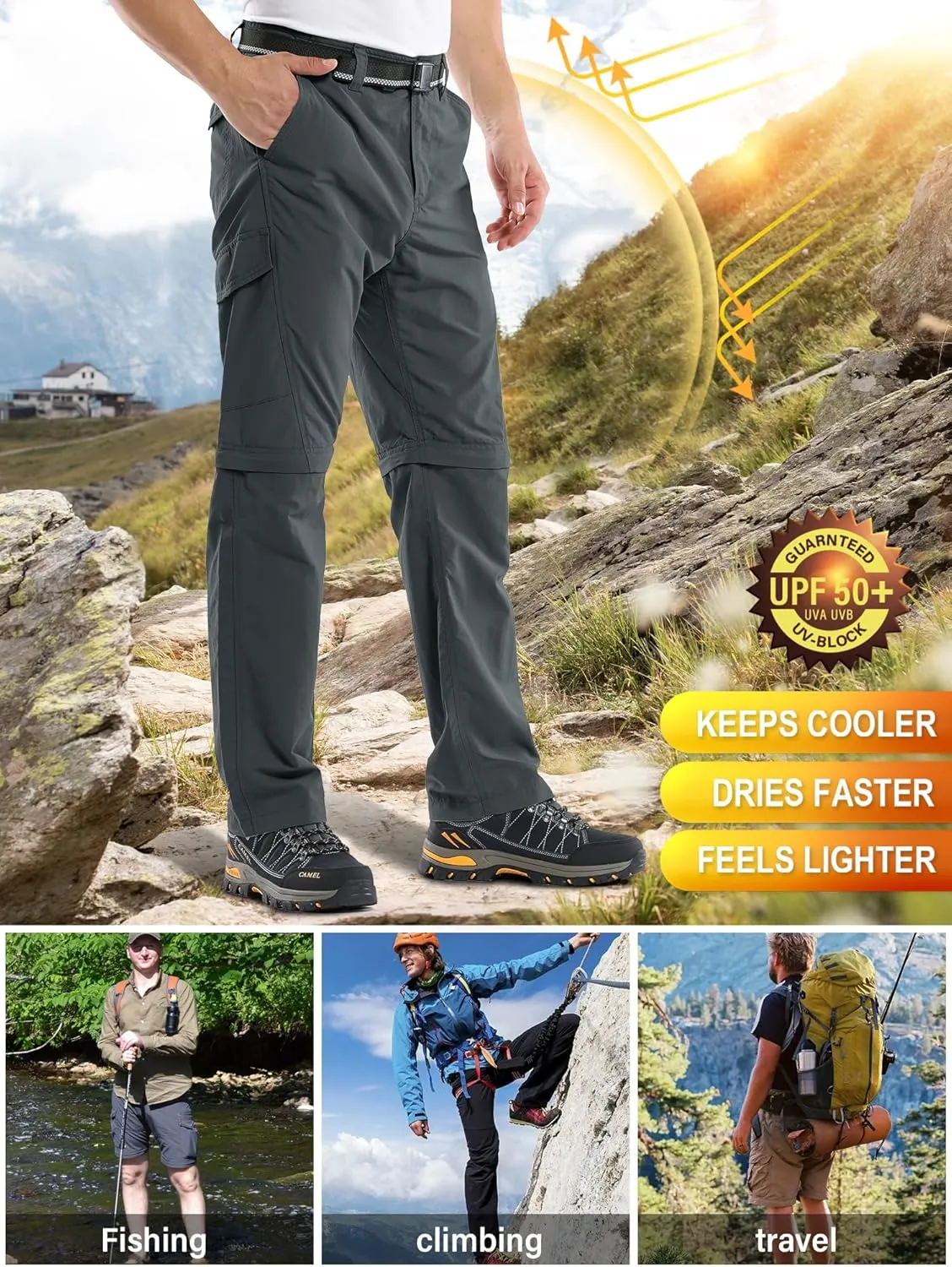 Mens Hiking Pants Convertible Outdoor Waterproof Quick Dry Zip Off Lightweight Travel Fishing Boy Scout Pants