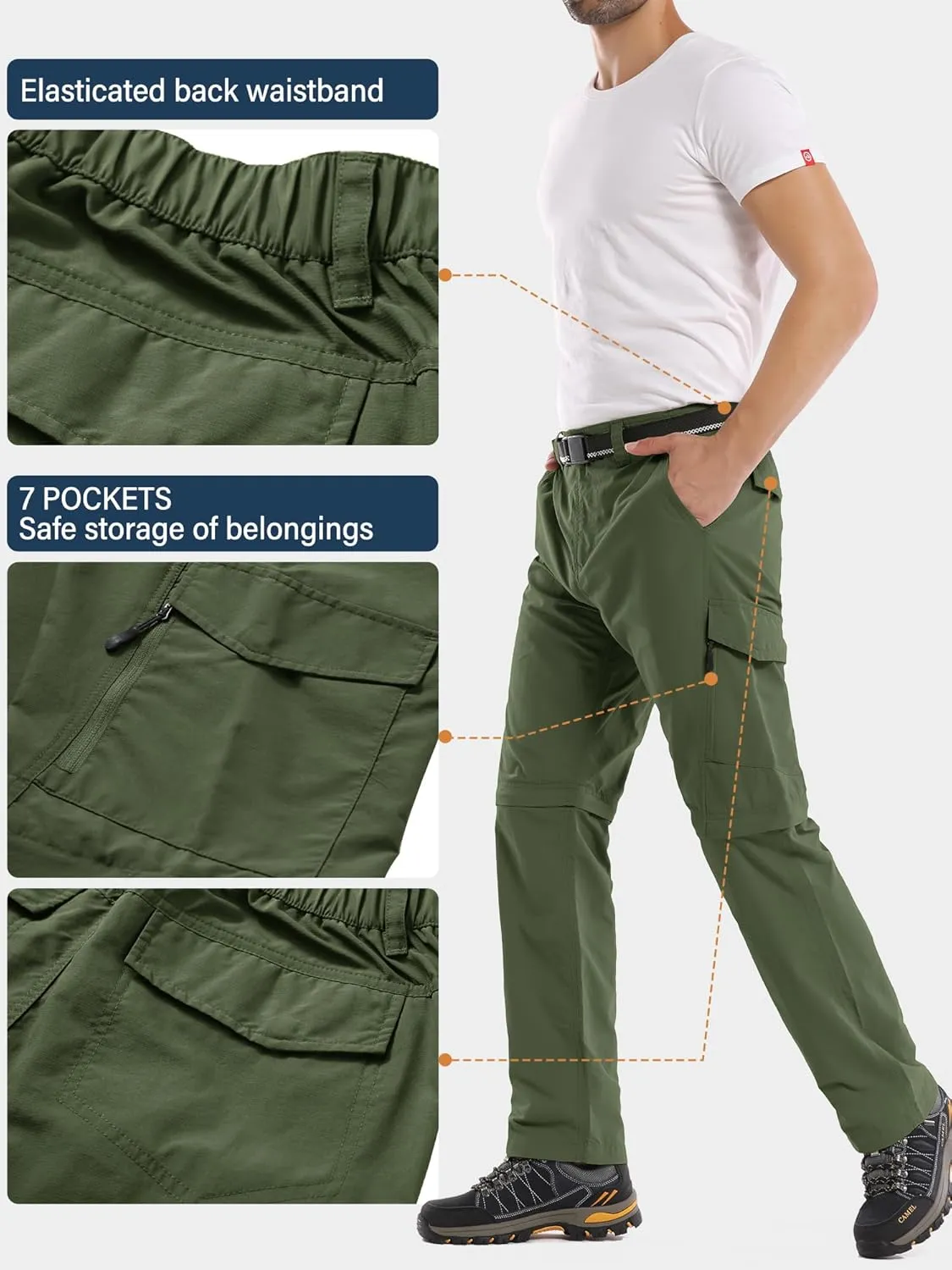 Mens Hiking Pants Convertible Outdoor Waterproof Quick Dry Zip Off Lightweight Travel Fishing Boy Scout Pants