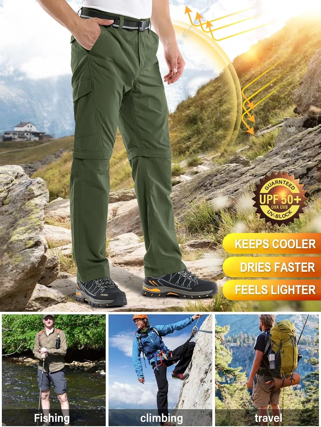 Mens Hiking Pants Convertible Outdoor Waterproof Quick Dry Zip Off Lightweight Travel Fishing Boy Scout Pants