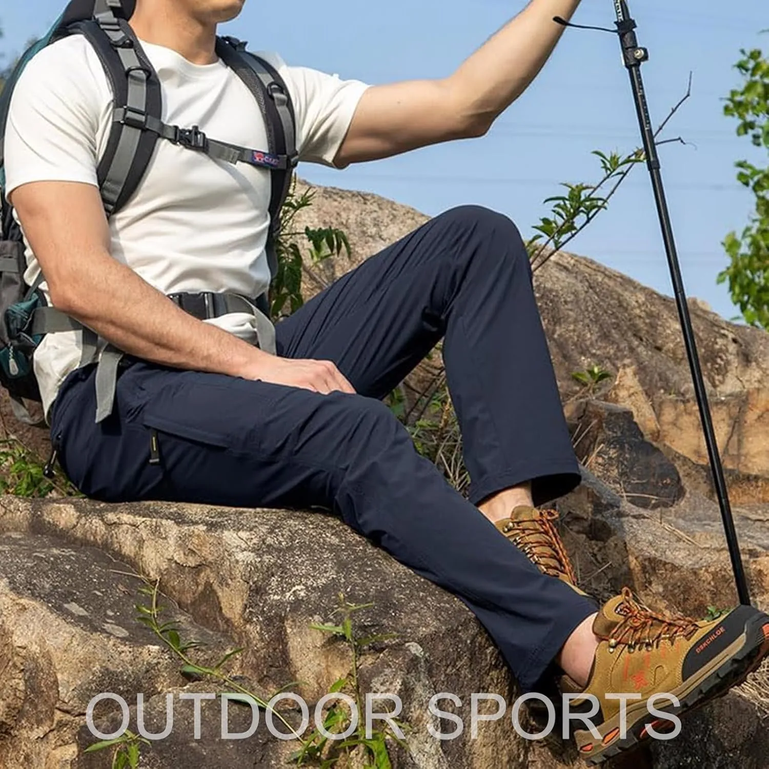 Men's Hiking Pants with Belt Outdoor Quick-Dry Lightweight Waterproof Mountain Pants with Zipper Pockets