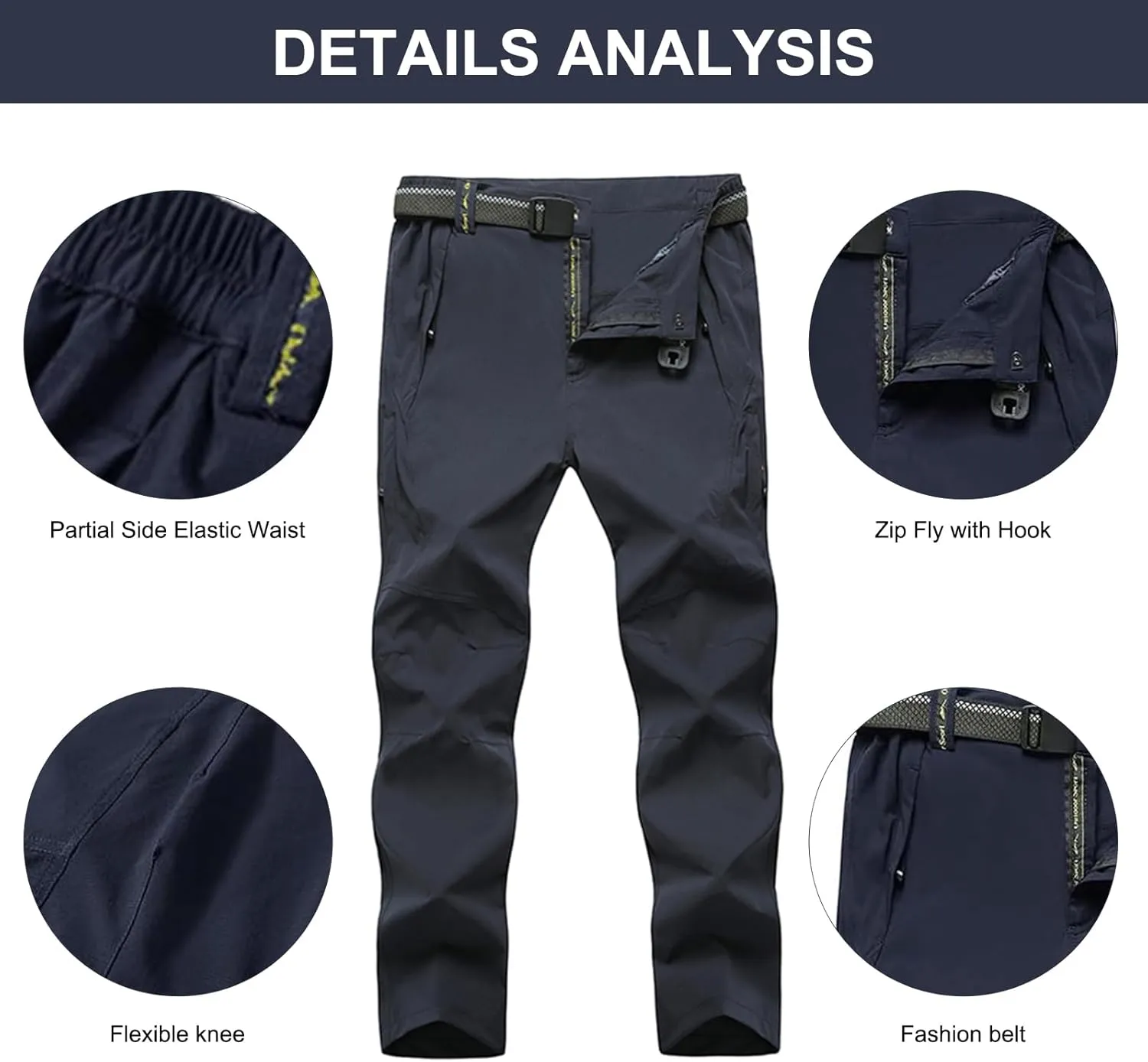Men's Hiking Pants with Belt Outdoor Quick-Dry Lightweight Waterproof Mountain Pants with Zipper Pockets
