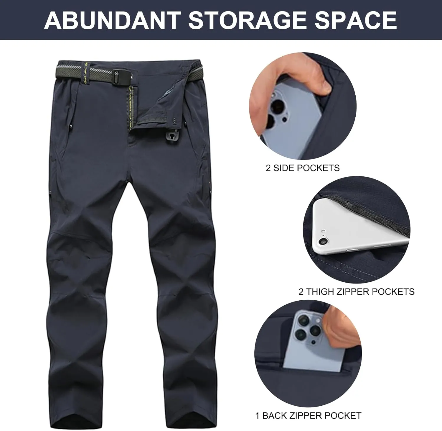 Men's Hiking Pants with Belt Outdoor Quick-Dry Lightweight Waterproof Mountain Pants with Zipper Pockets