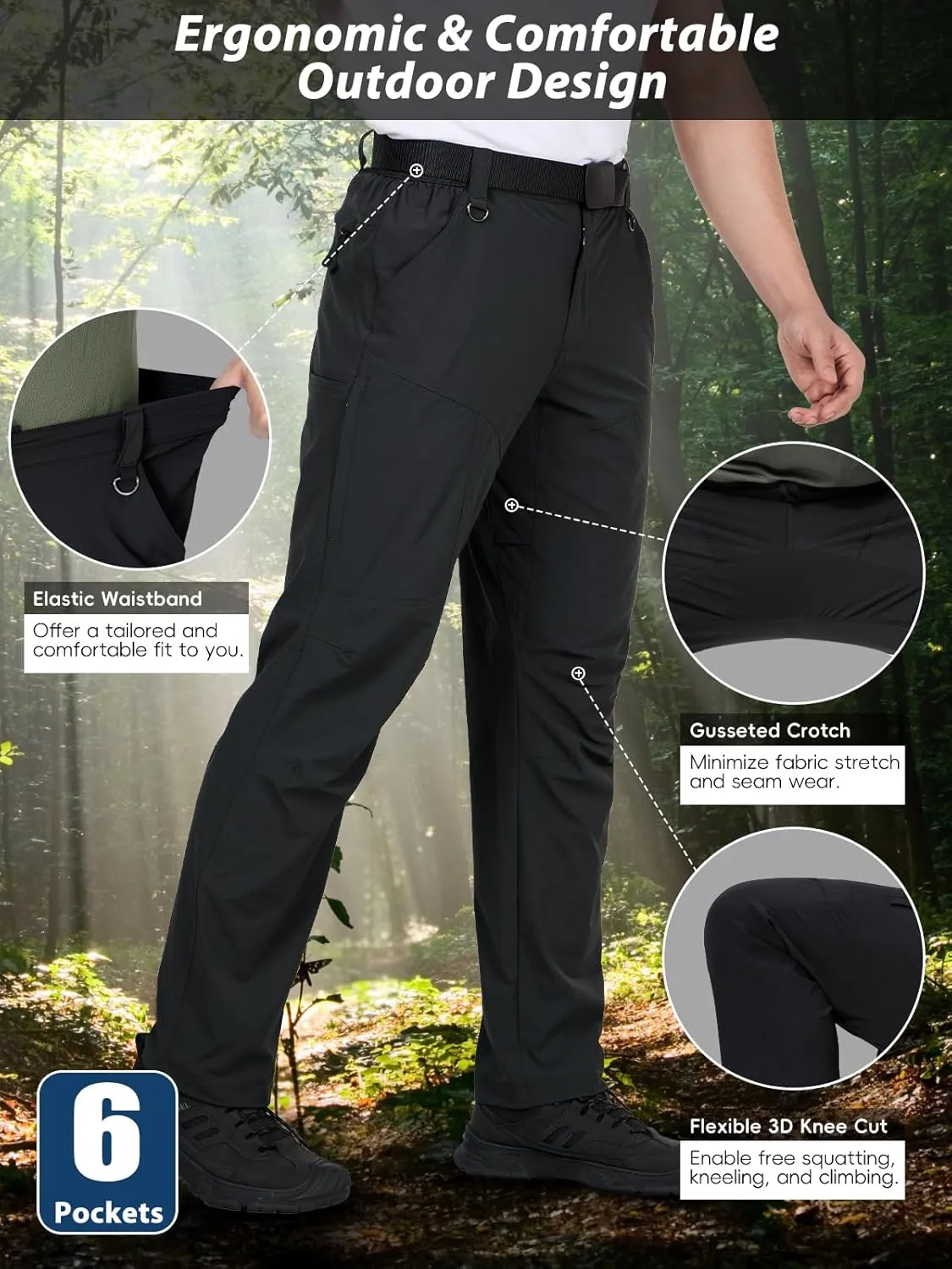 Mens Lightweight Hiking Pants Flex Cargo Work Tactical Nylon Stretch Waterproof Quick Dry Fishing Outdoor Travel 6 Pockets