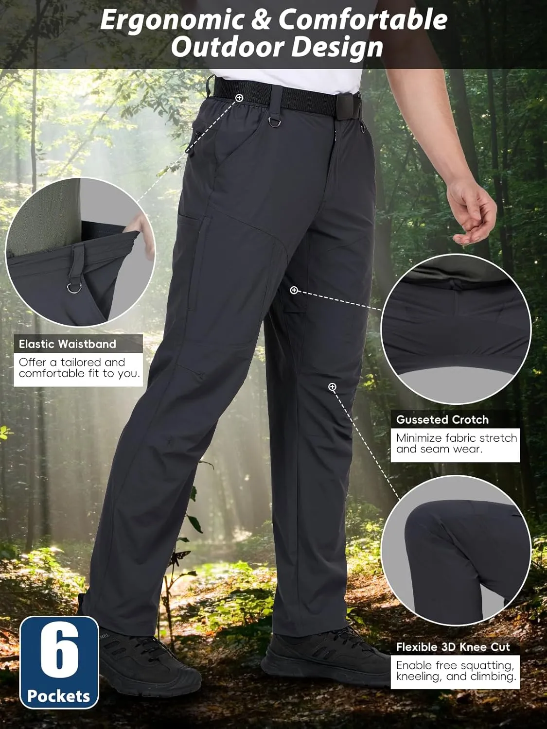 Mens Lightweight Hiking Pants Flex Cargo Work Tactical Nylon Stretch Waterproof Quick Dry Fishing Outdoor Travel 6 Pockets