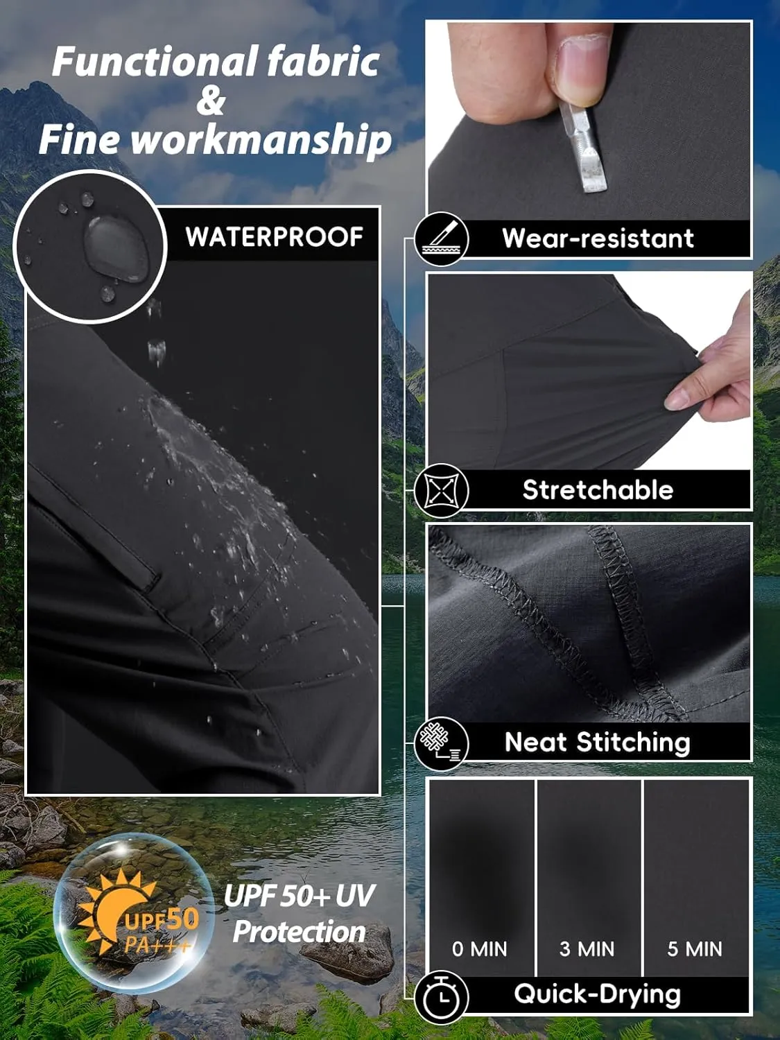 Mens Lightweight Hiking Pants Flex Cargo Work Tactical Nylon Stretch Waterproof Quick Dry Fishing Outdoor Travel 6 Pockets