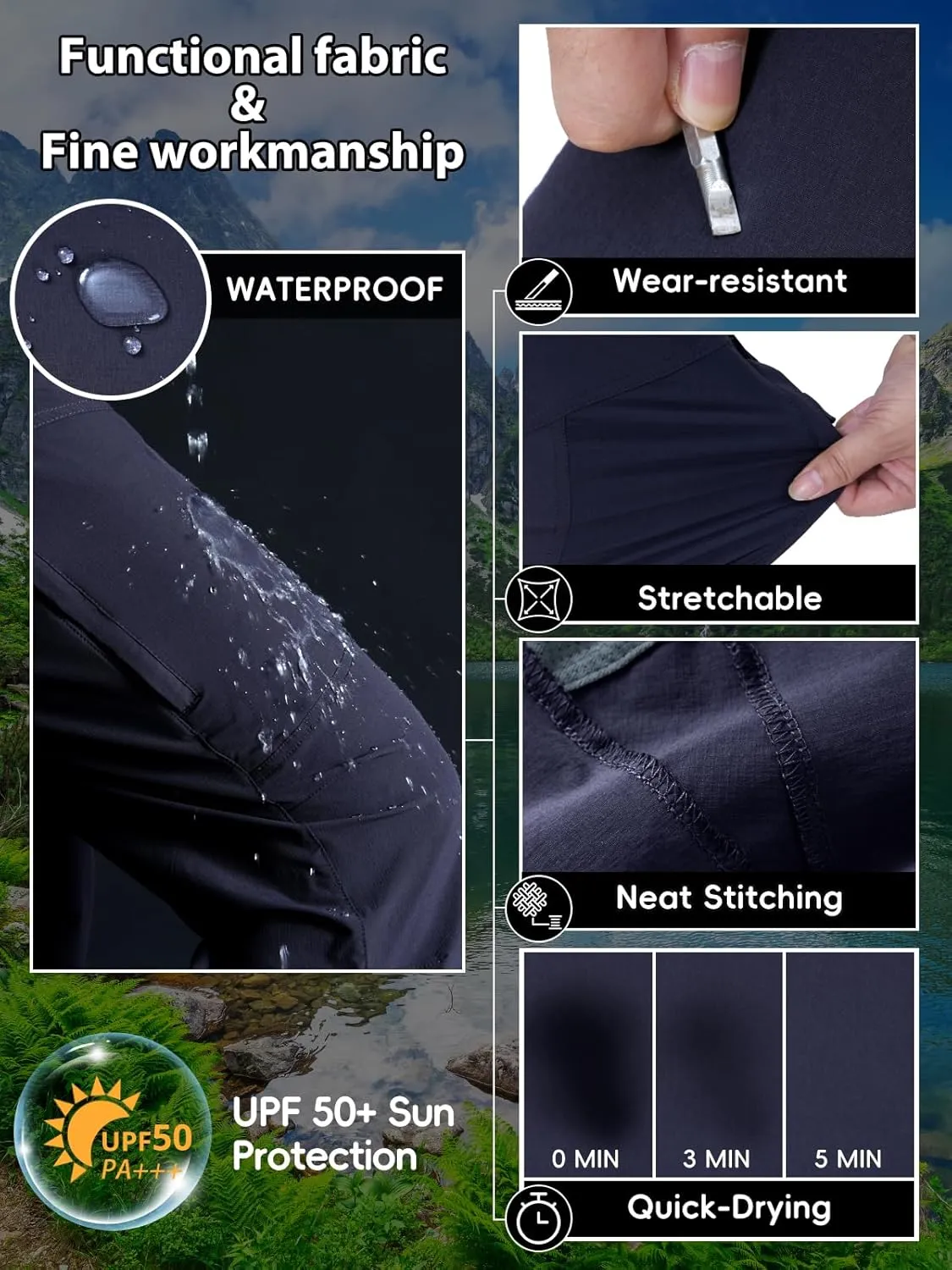 Mens Lightweight Hiking Pants Flex Cargo Work Tactical Nylon Stretch Waterproof Quick Dry Fishing Outdoor Travel 6 Pockets
