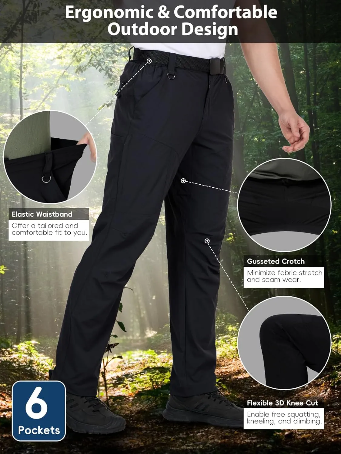 Mens Lightweight Hiking Pants Flex Cargo Work Tactical Nylon Stretch Waterproof Quick Dry Fishing Outdoor Travel 6 Pockets
