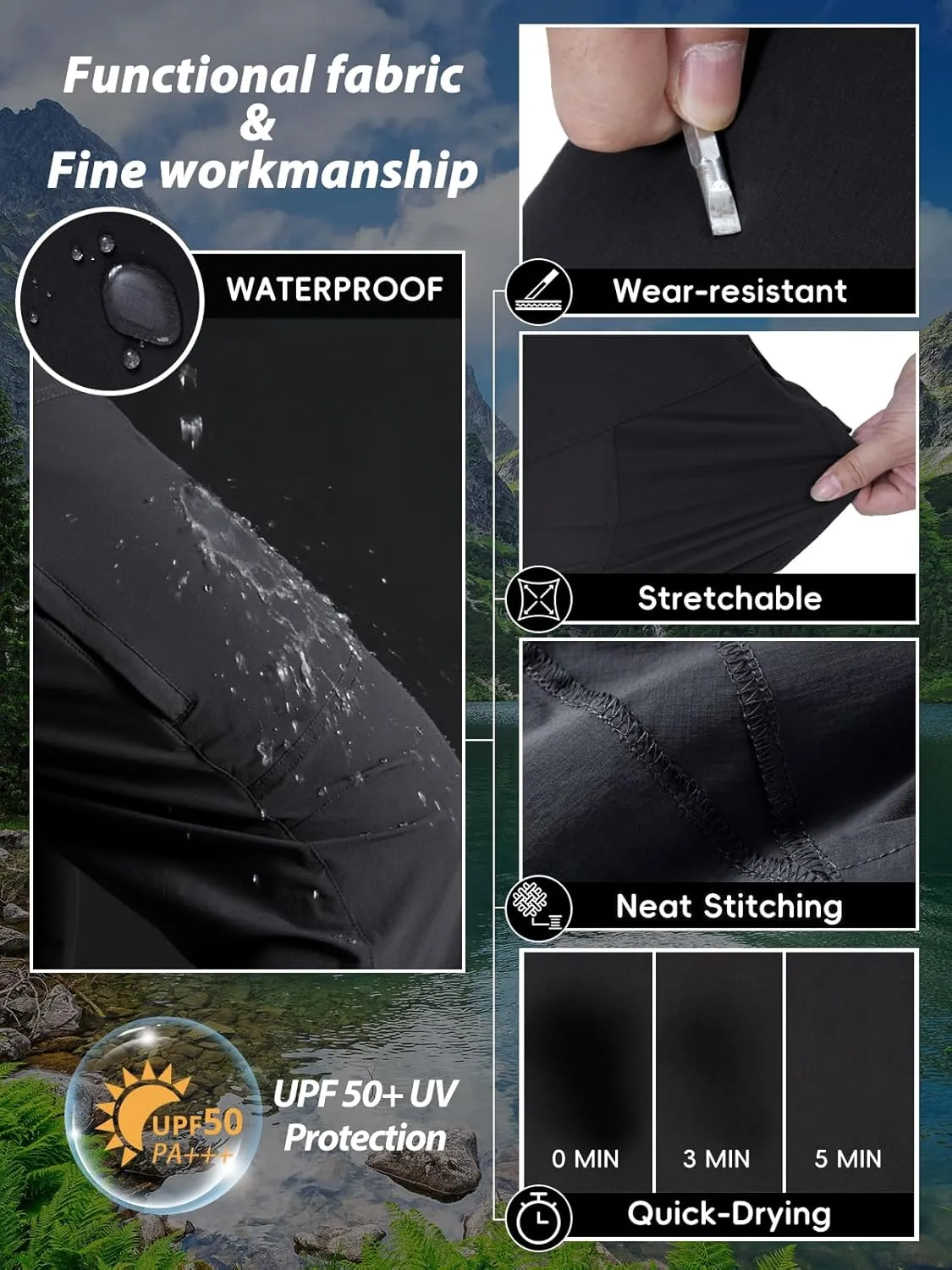 Mens Lightweight Hiking Pants Flex Cargo Work Tactical Nylon Stretch Waterproof Quick Dry Fishing Outdoor Travel 6 Pockets