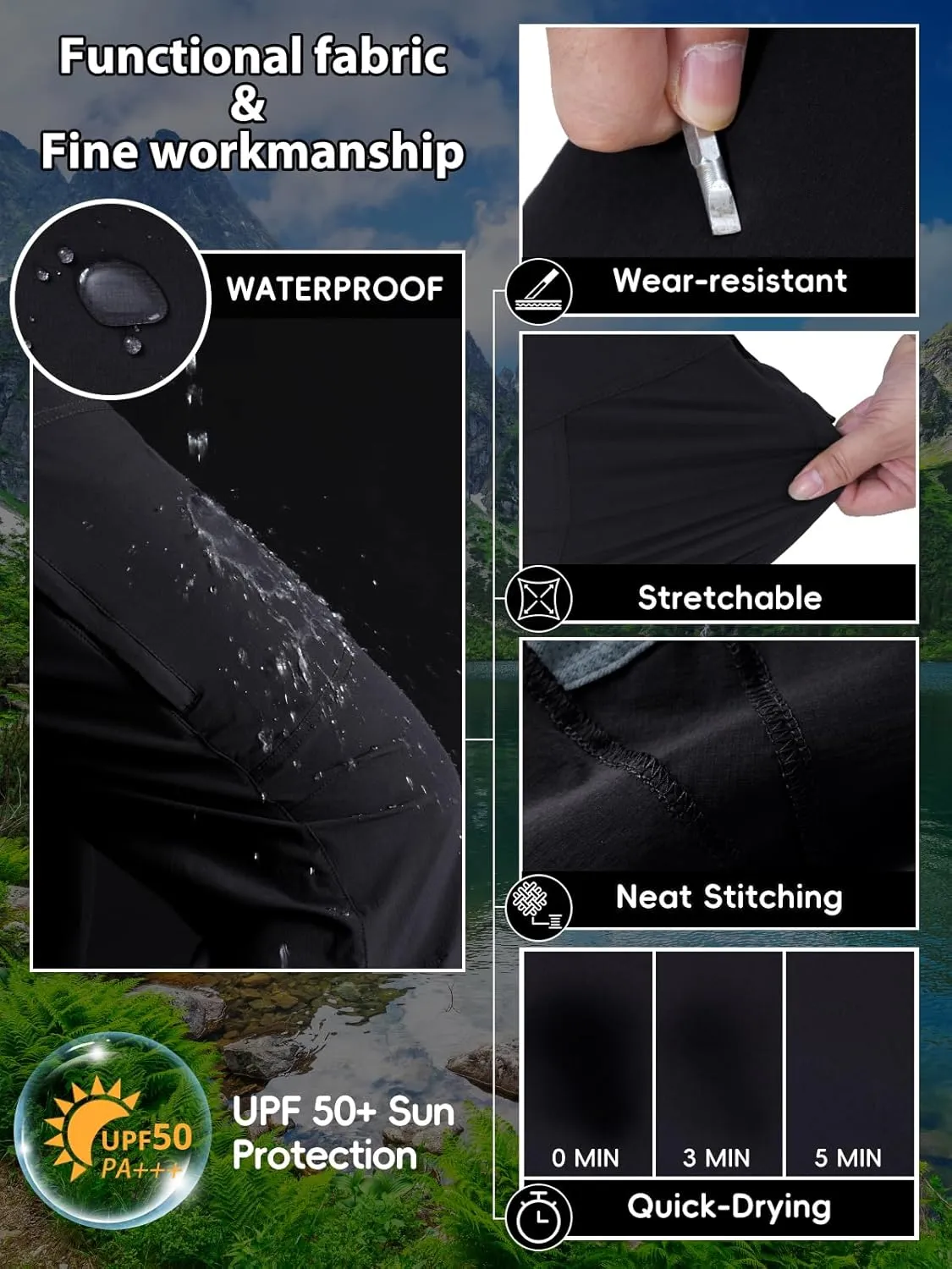 Mens Lightweight Hiking Pants Flex Cargo Work Tactical Nylon Stretch Waterproof Quick Dry Fishing Outdoor Travel 6 Pockets