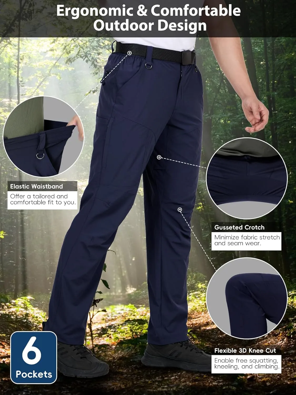 Mens Lightweight Hiking Pants Flex Cargo Work Tactical Nylon Stretch Waterproof Quick Dry Fishing Outdoor Travel 6 Pockets