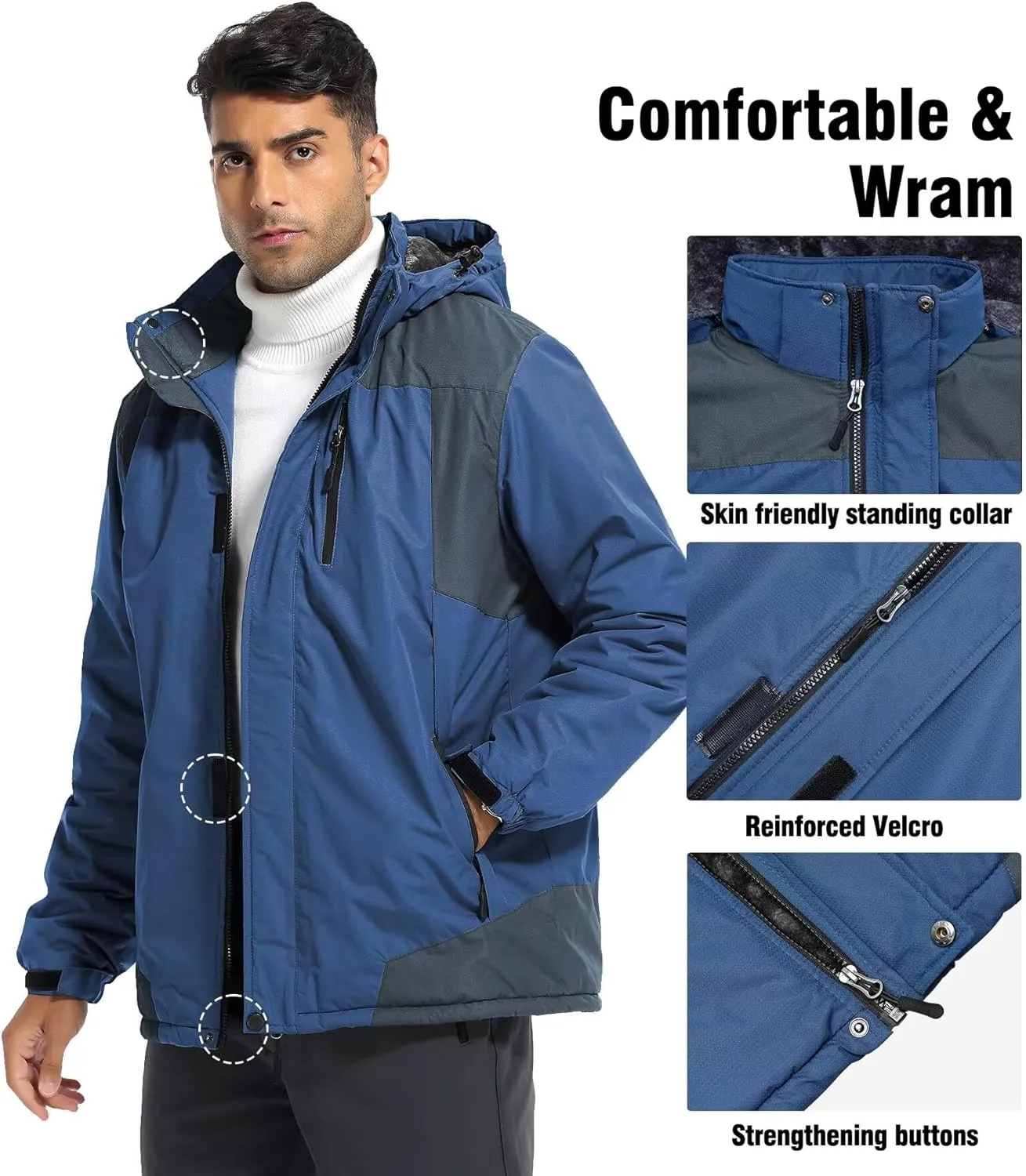 Men's Mountain Ski Jacket Waterproof Fleece Liner Snow Coat Warm Winter Windproof Hooded Raincoat