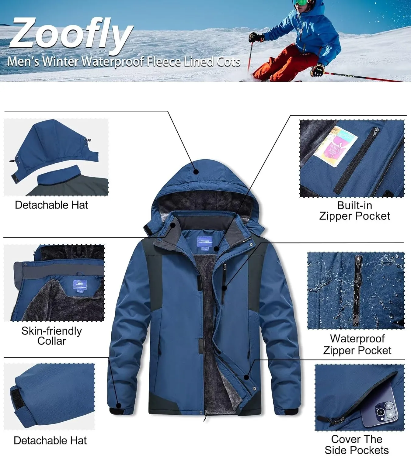 Men's Mountain Ski Jacket Waterproof Fleece Liner Snow Coat Warm Winter Windproof Hooded Raincoat