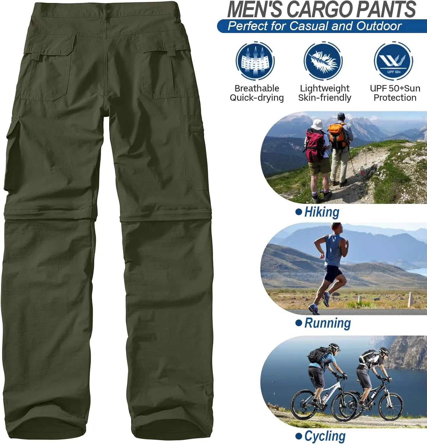 Men's Outdoor Quick Dry Convertible Lightweight Hiking Fishing Zip Off Safari Trousers