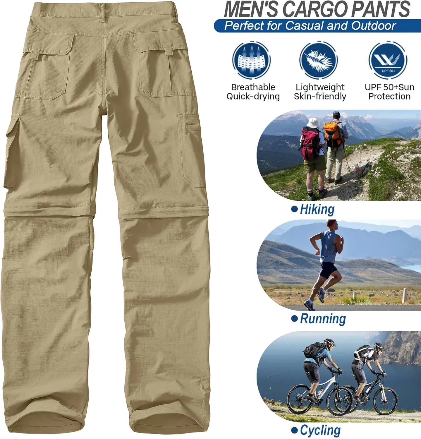 Men's Outdoor Quick Dry Convertible Lightweight Hiking Fishing Zip Off Safari Trousers