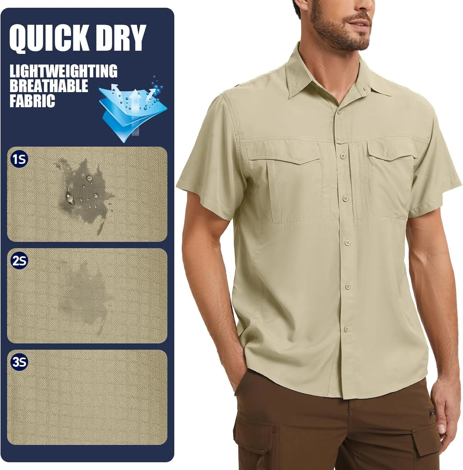 Men's Safari Hiking UPF 50  UV Short Sleeve Button Shirt Lightweight Cooling Quick Dry Outdoor Sun Protection Fishing Shirts