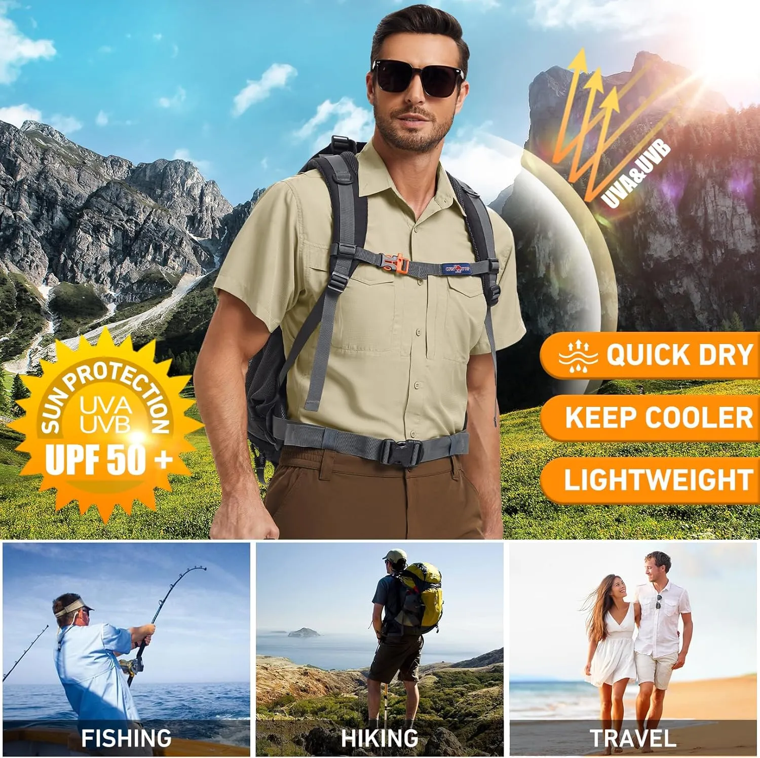 Men's Safari Hiking UPF 50  UV Short Sleeve Button Shirt Lightweight Cooling Quick Dry Outdoor Sun Protection Fishing Shirts