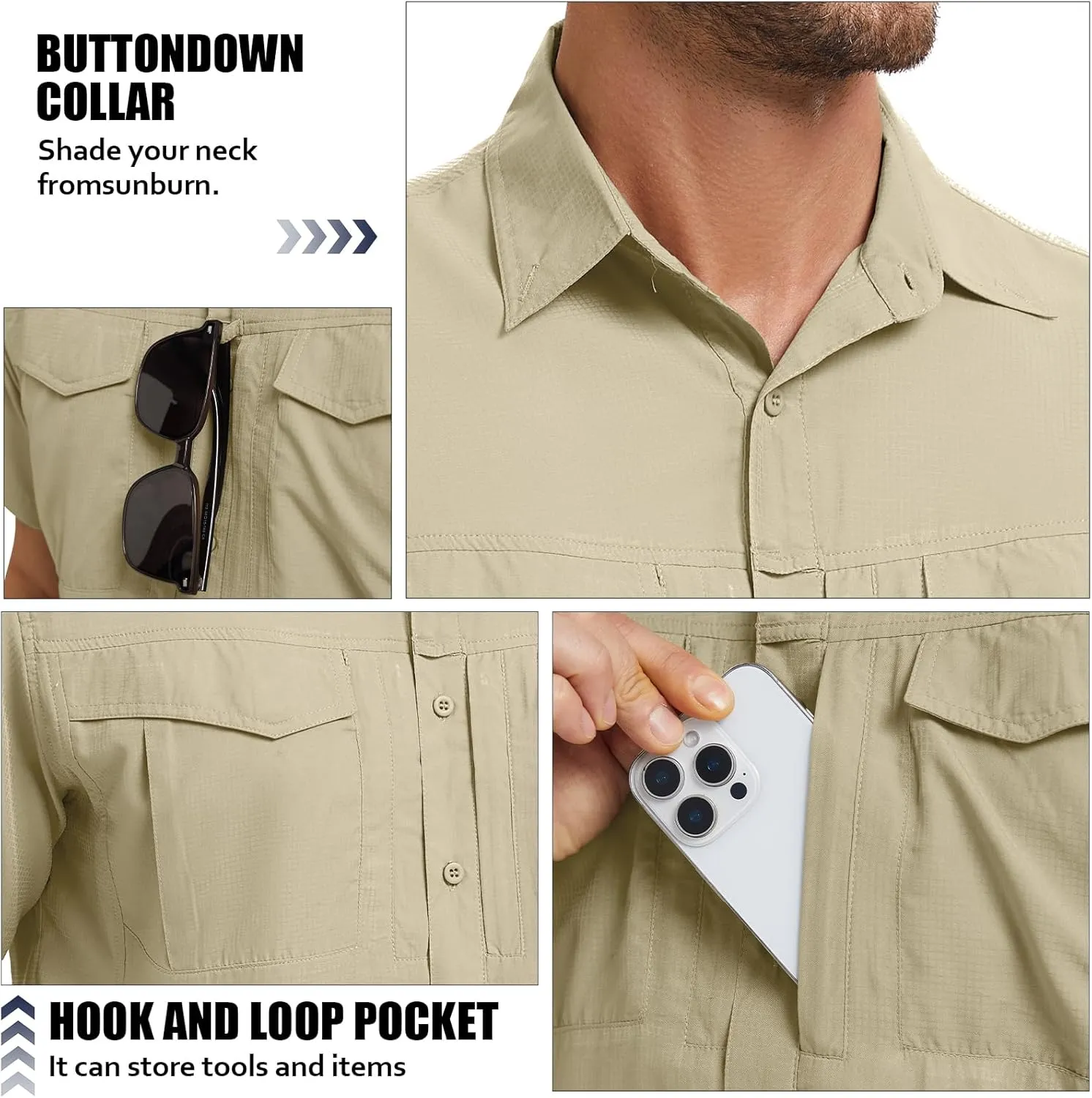 Men's Safari Hiking UPF 50  UV Short Sleeve Button Shirt Lightweight Cooling Quick Dry Outdoor Sun Protection Fishing Shirts
