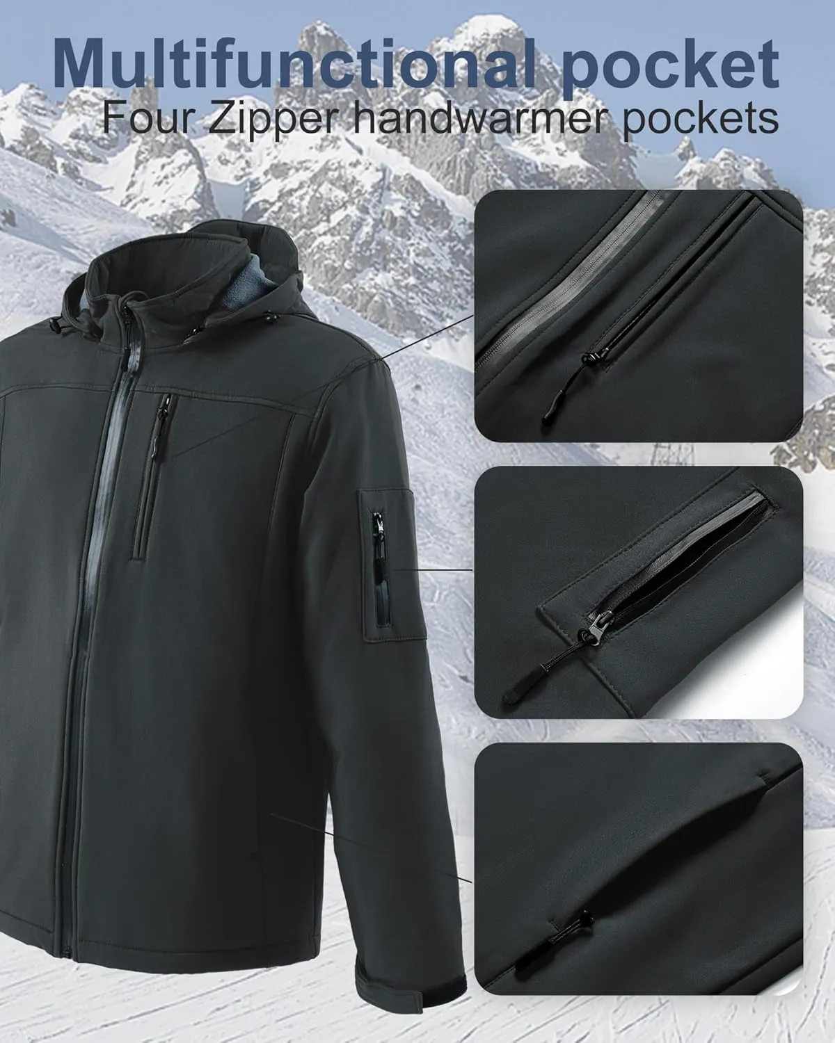 Men's Soft Shell Jacket Waterproof Military Tactical Coat Winter Fleece Lined Rain Jacket with Detachable Hood
