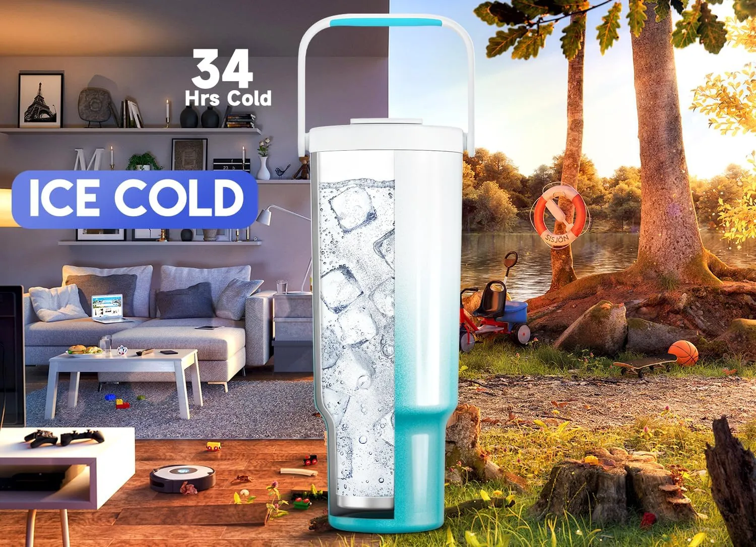 Meoky 40 oz Tumbler with Handle and Straw, Insulated Water Bottle, Stainless Steel Travel Mug, Keeps Cold for 34 Hours, 100% Leak Proof, Fits in Car Cup Holder (Azure)