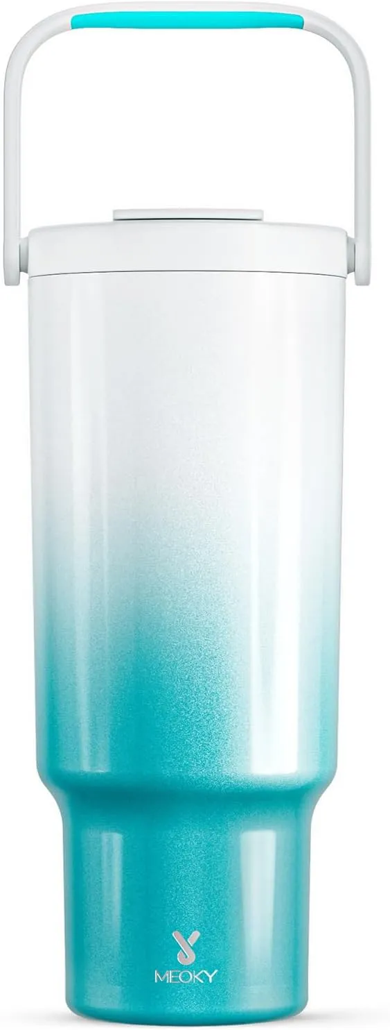 Meoky 40 oz Tumbler with Handle and Straw, Insulated Water Bottle, Stainless Steel Travel Mug, Keeps Cold for 34 Hours, 100% Leak Proof, Fits in Car Cup Holder (Azure)