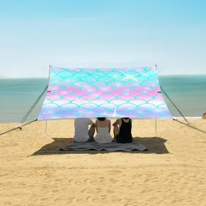 Mermaid Purple Blue Scale Beach Canopy Tent Anti-UV & Wind Resistant, Underwater Camping Sun Shelter Easy Setup Portable,Outdoor Shade Tents with Sandbags,Sand Shovels,Ground Pegs & Stability Po