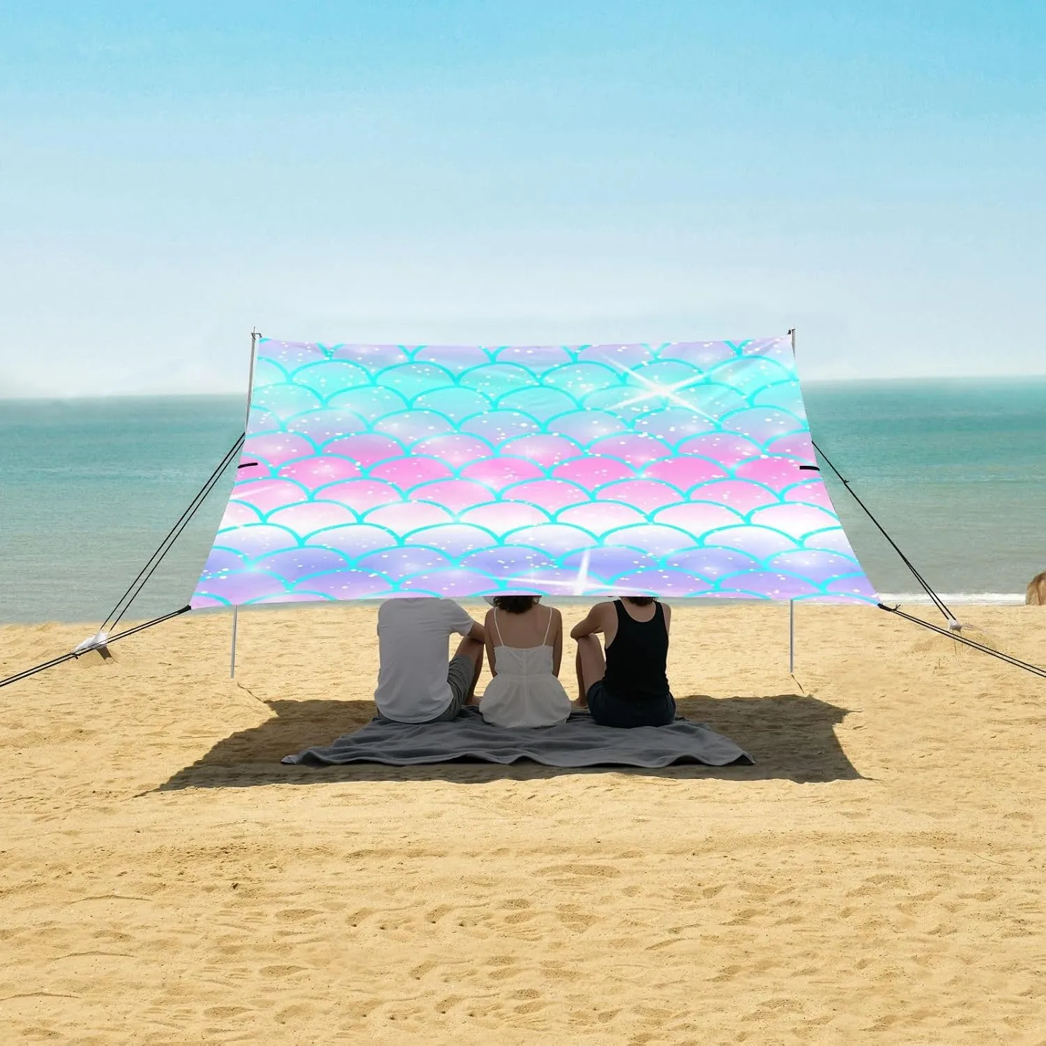 Mermaid Purple Blue Scale Beach Canopy Tent Anti-UV & Wind Resistant, Underwater Camping Sun Shelter Easy Setup Portable,Outdoor Shade Tents with Sandbags,Sand Shovels,Ground Pegs & Stability Po