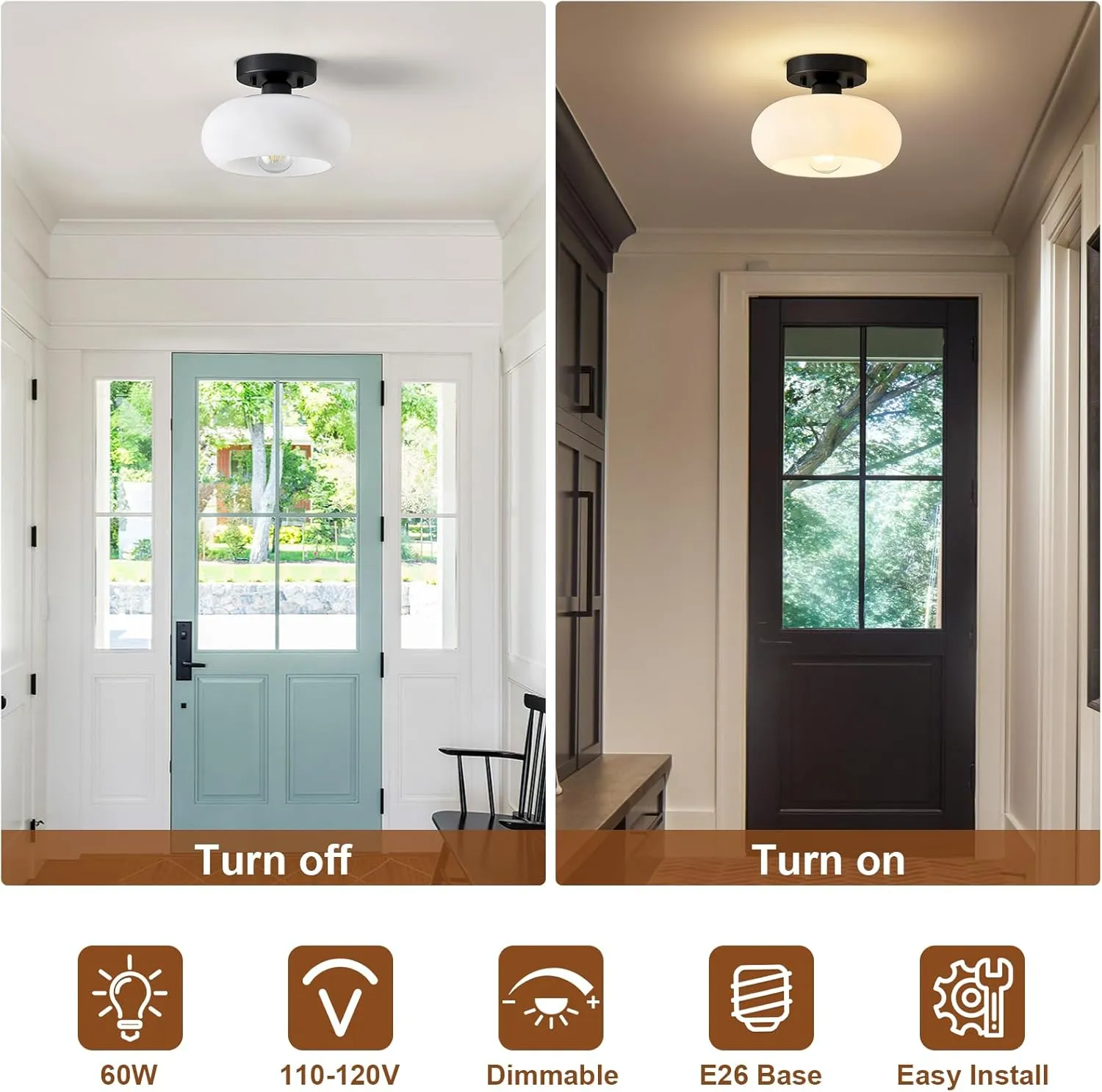 Mid-Century Modern Semi Flush Mount Ceiling Light, Metal Kitchen Light Fixture with Glass Shade,Vintage White and Black Colse to Ceiling Lamp for Entryway Hallway Bathroom (8.66 Inch)