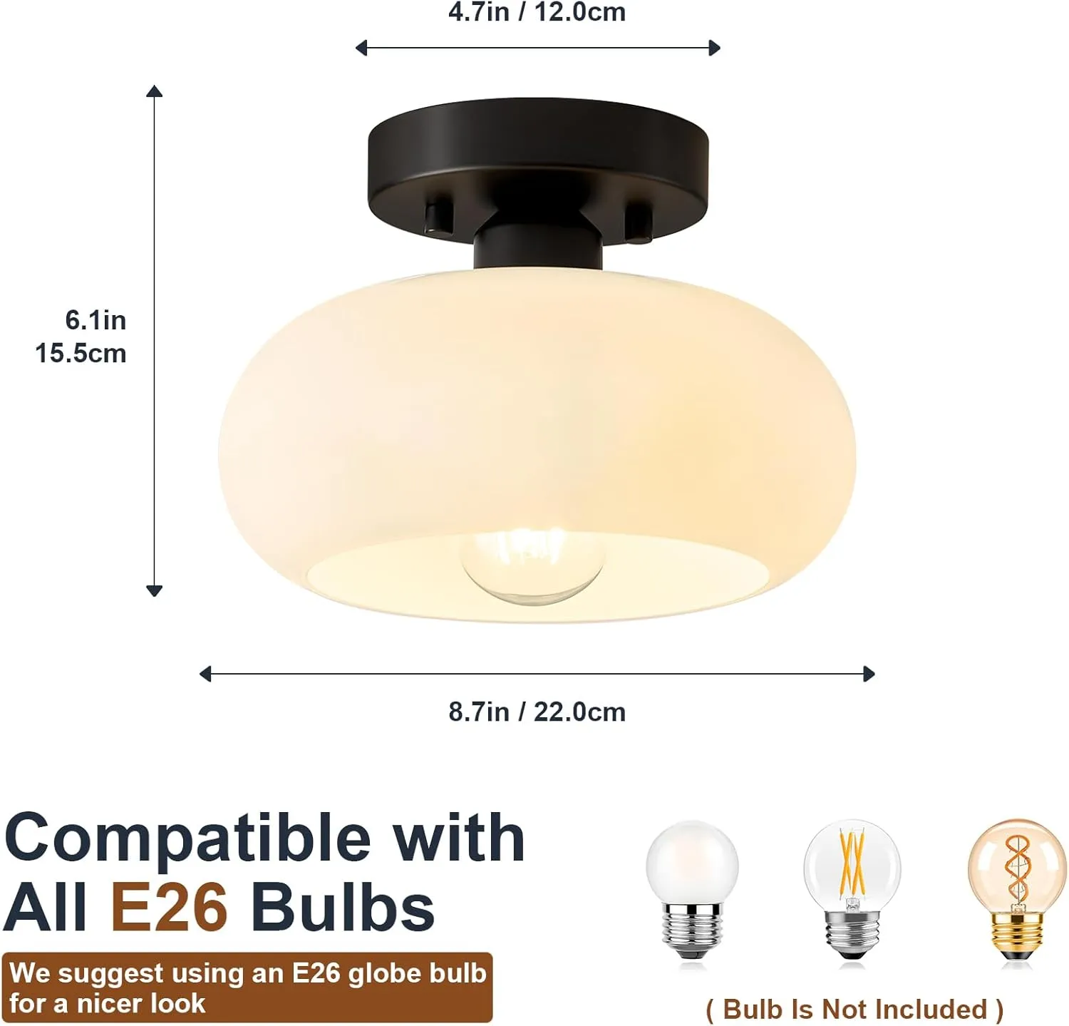 Mid-Century Modern Semi Flush Mount Ceiling Light, Metal Kitchen Light Fixture with Glass Shade,Vintage White and Black Colse to Ceiling Lamp for Entryway Hallway Bathroom (8.66 Inch)