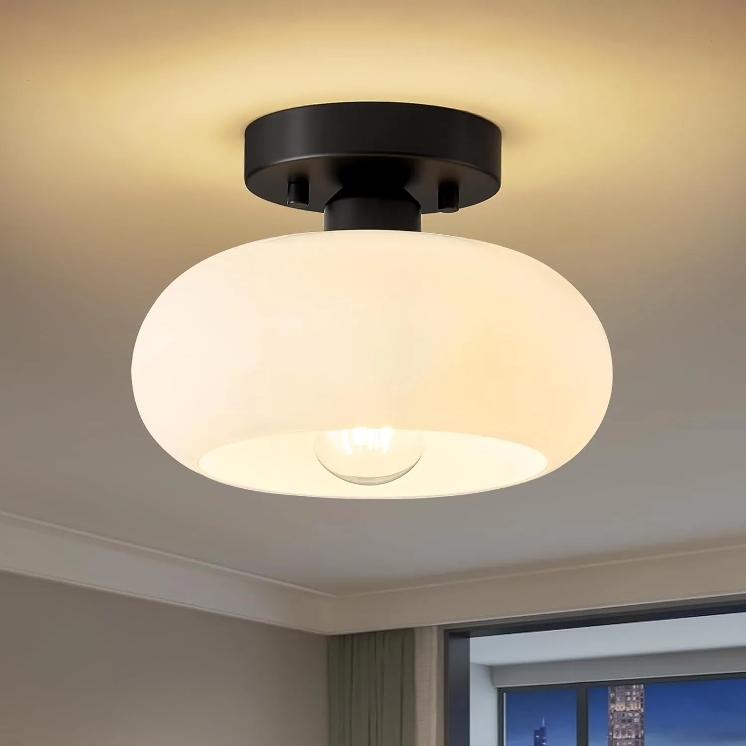 Mid-Century Modern Semi Flush Mount Ceiling Light, Metal Kitchen Light Fixture with Glass Shade,Vintage White and Black Colse to Ceiling Lamp for Entryway Hallway Bathroom (8.66 Inch)