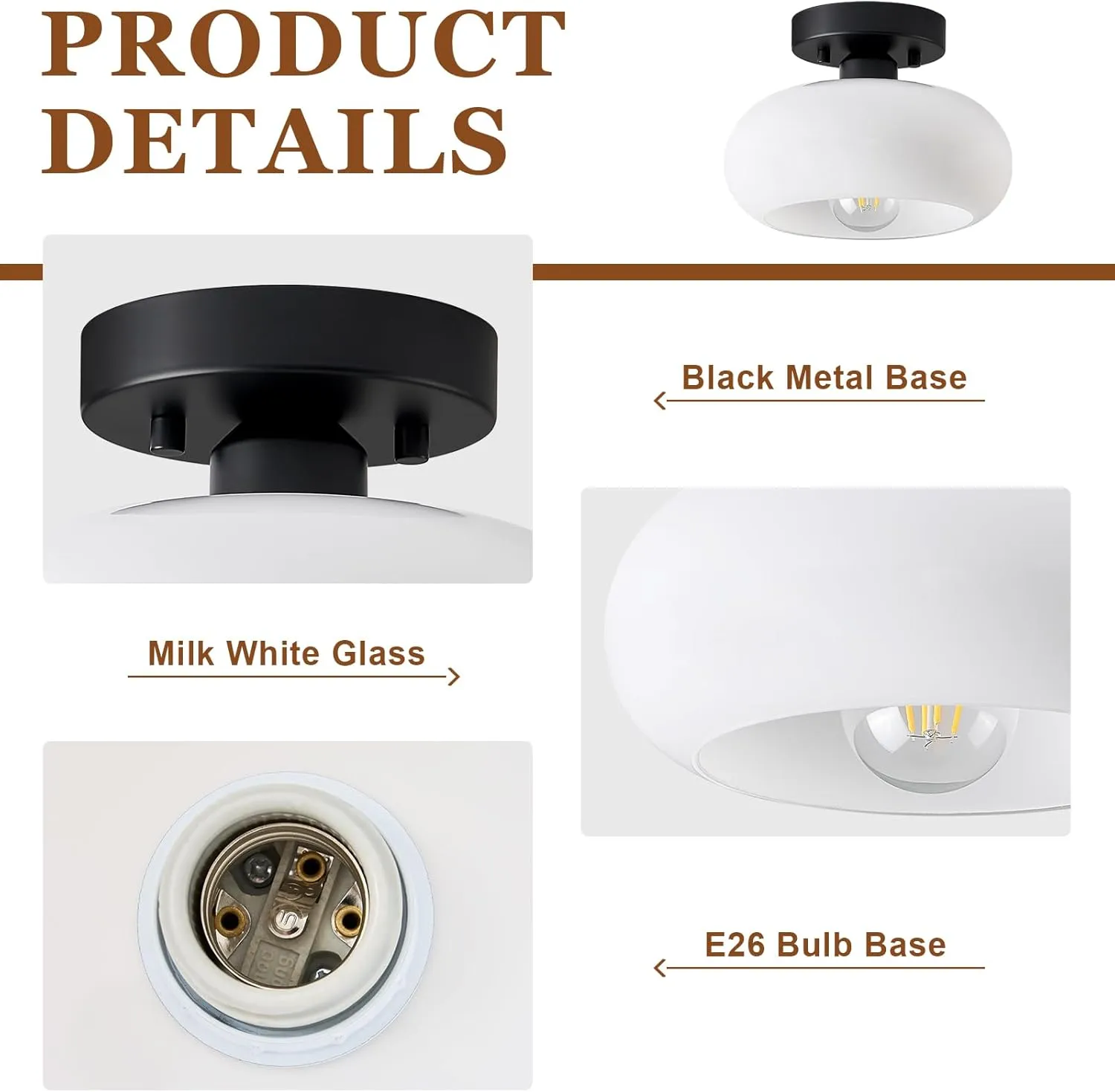 Mid-Century Modern Semi Flush Mount Ceiling Light, Metal Kitchen Light Fixture with Glass Shade,Vintage White and Black Colse to Ceiling Lamp for Entryway Hallway Bathroom (8.66 Inch)