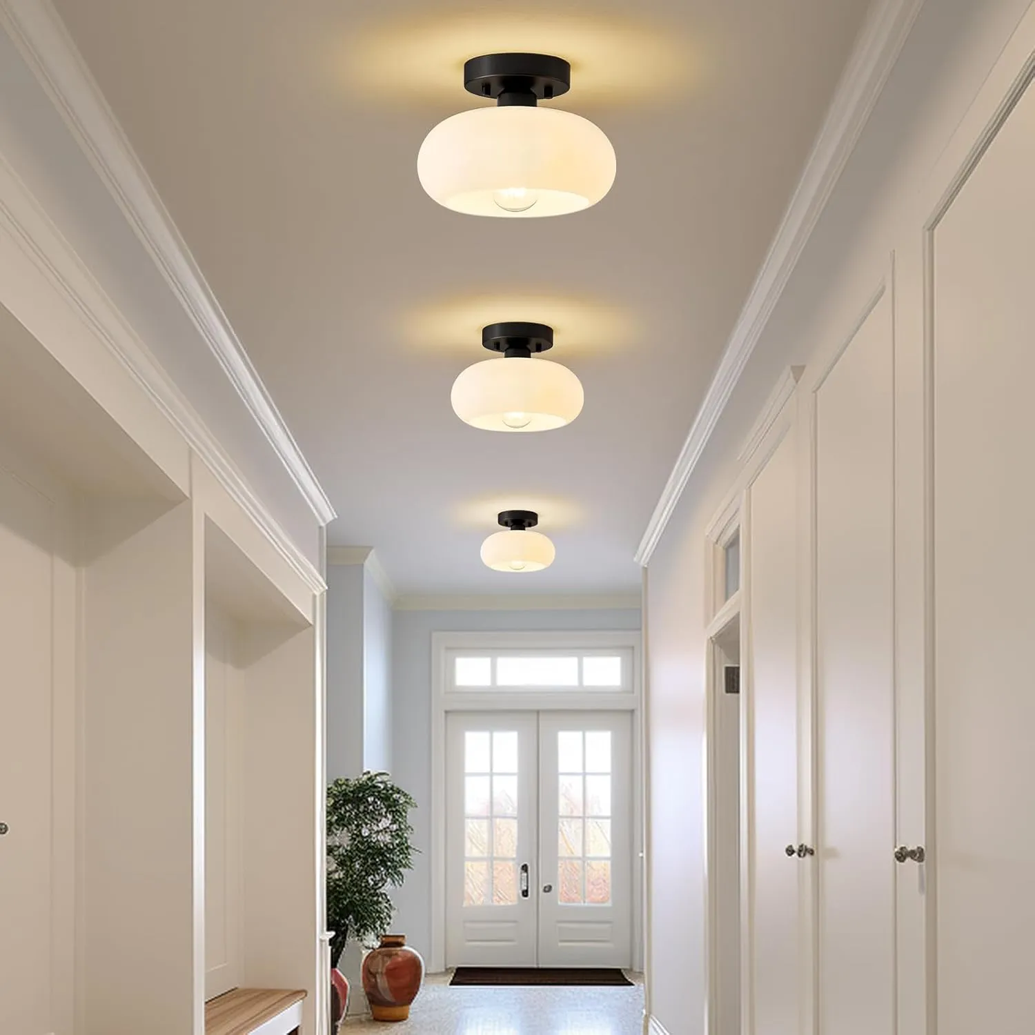 Mid-Century Modern Semi Flush Mount Ceiling Light, Metal Kitchen Light Fixture with Glass Shade,Vintage White and Black Colse to Ceiling Lamp for Entryway Hallway Bathroom (8.66 Inch)