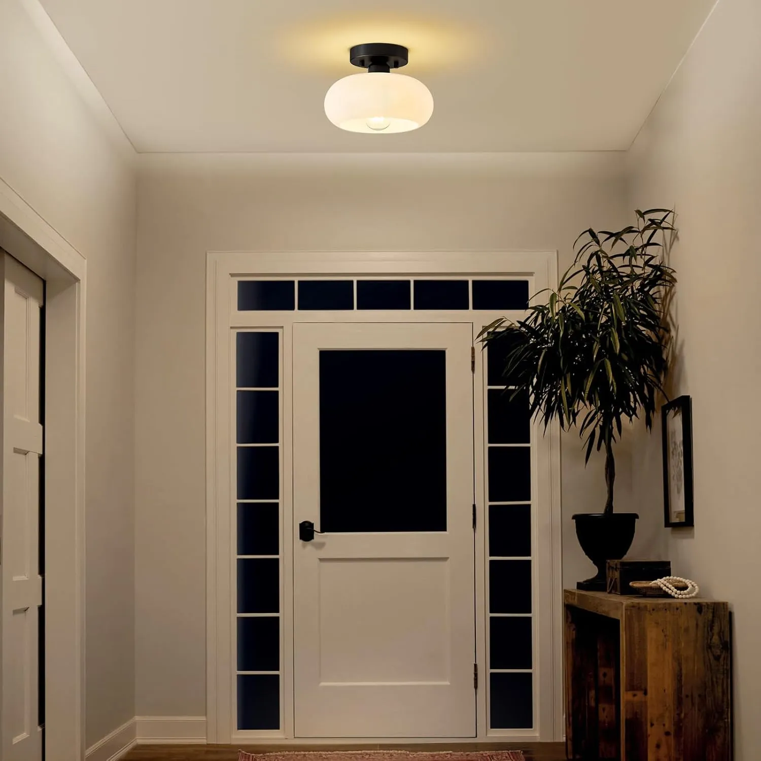 Mid-Century Modern Semi Flush Mount Ceiling Light, Metal Kitchen Light Fixture with Glass Shade,Vintage White and Black Colse to Ceiling Lamp for Entryway Hallway Bathroom (8.66 Inch)